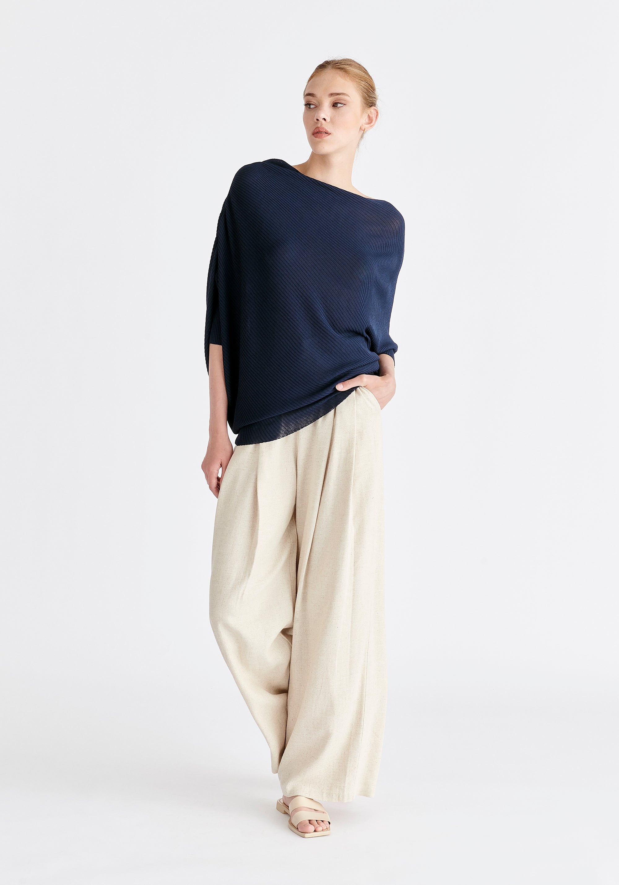 Ribbed Draped Knitted Top in Navy