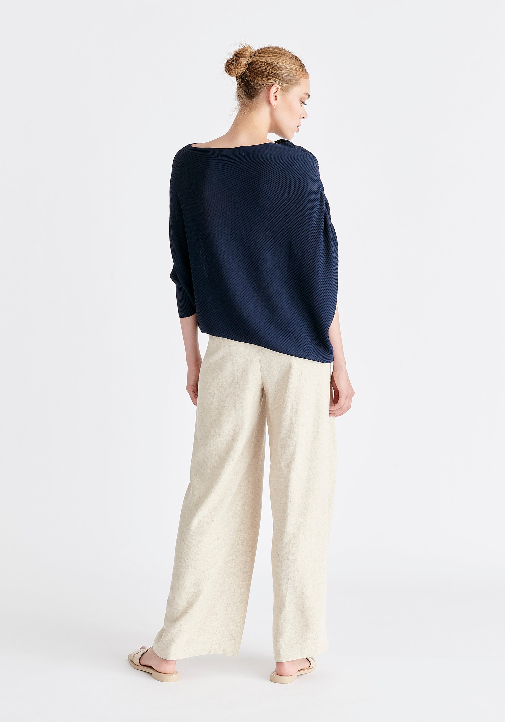 Ribbed Draped Knitted Top in Navy Back