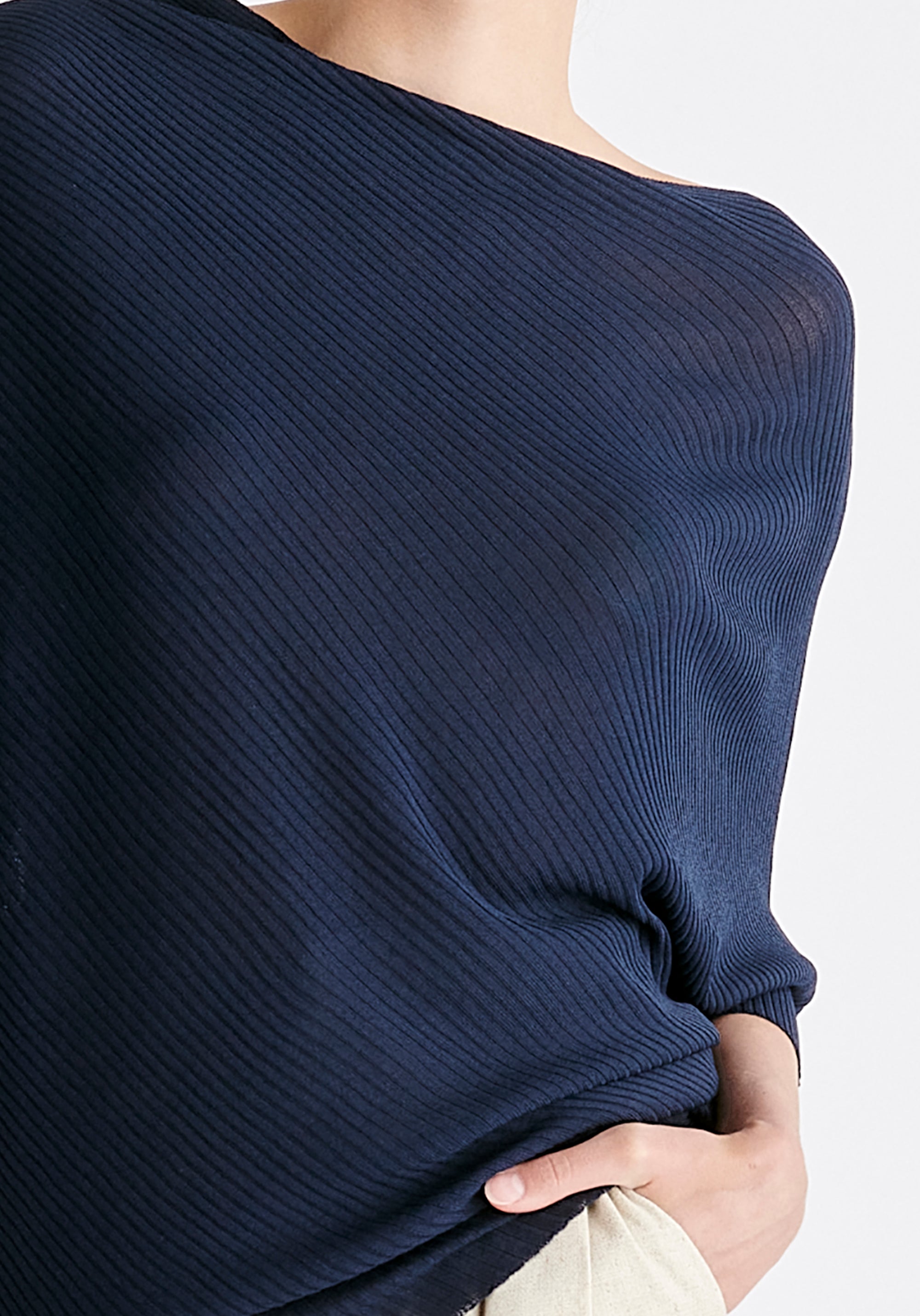 Ribbed Draped Knitted Top in Navy Close Up