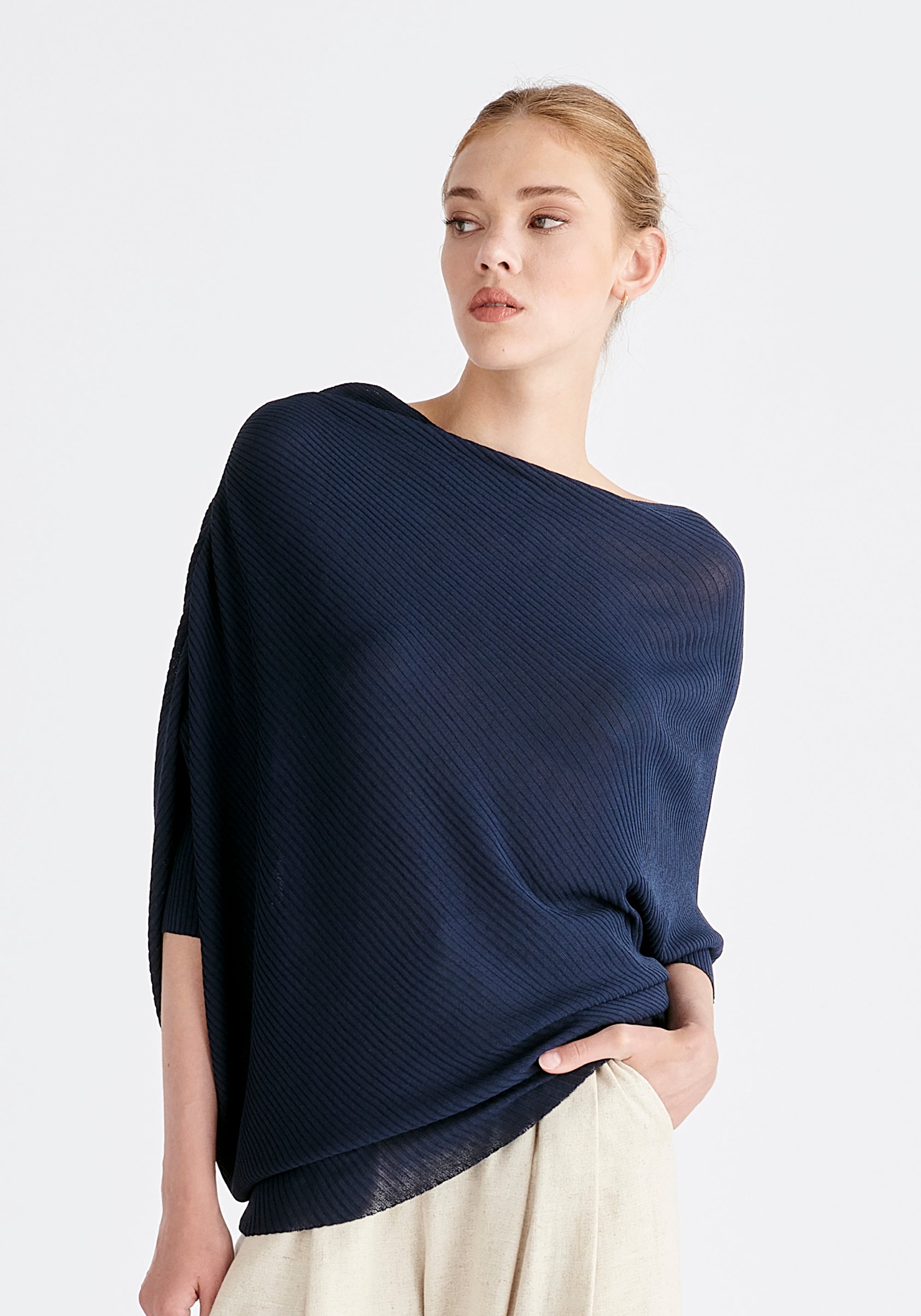 Ribbed Draped Knitted Top in Navy