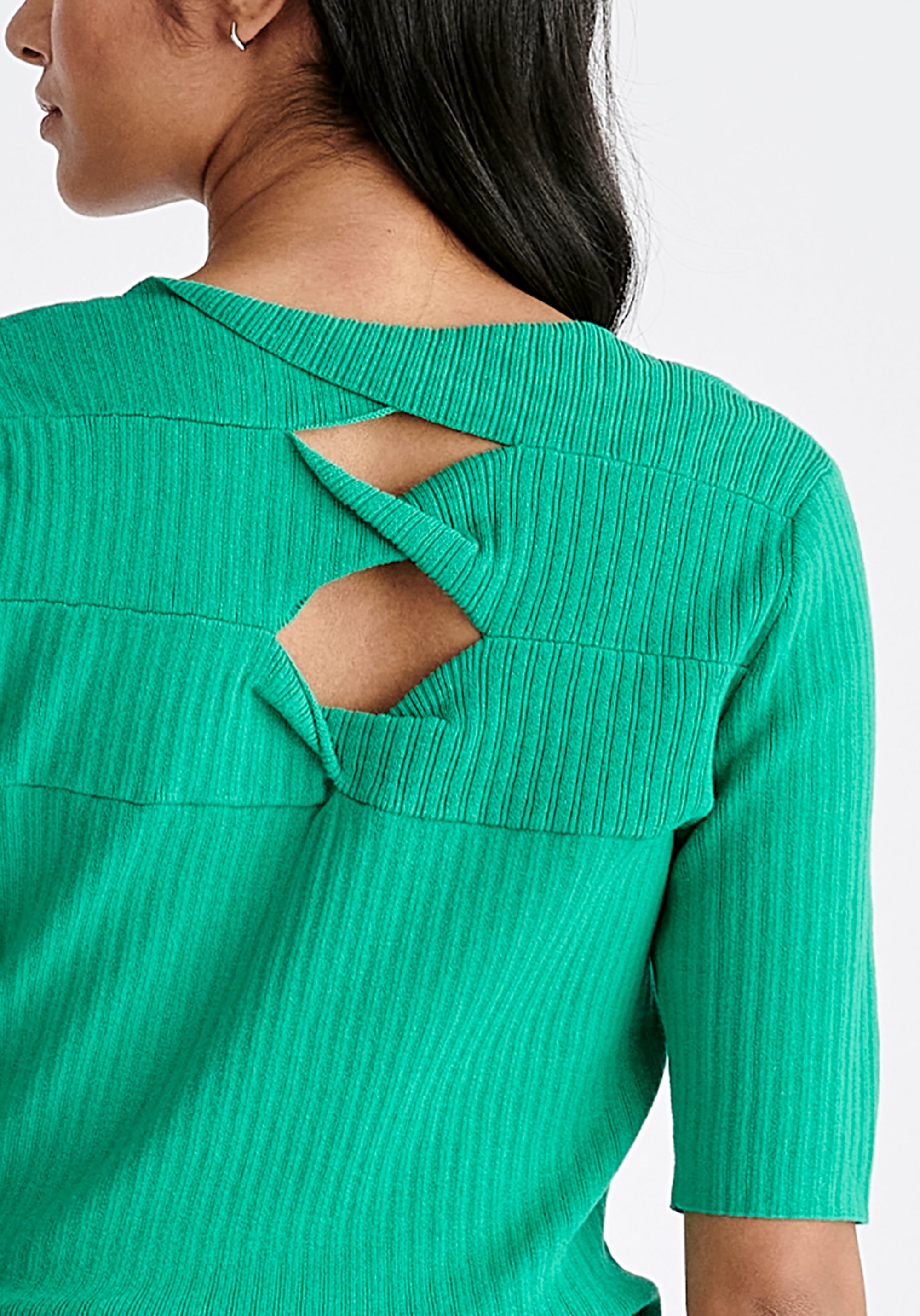 Cut Out Back Knitted Top in Green Close Up