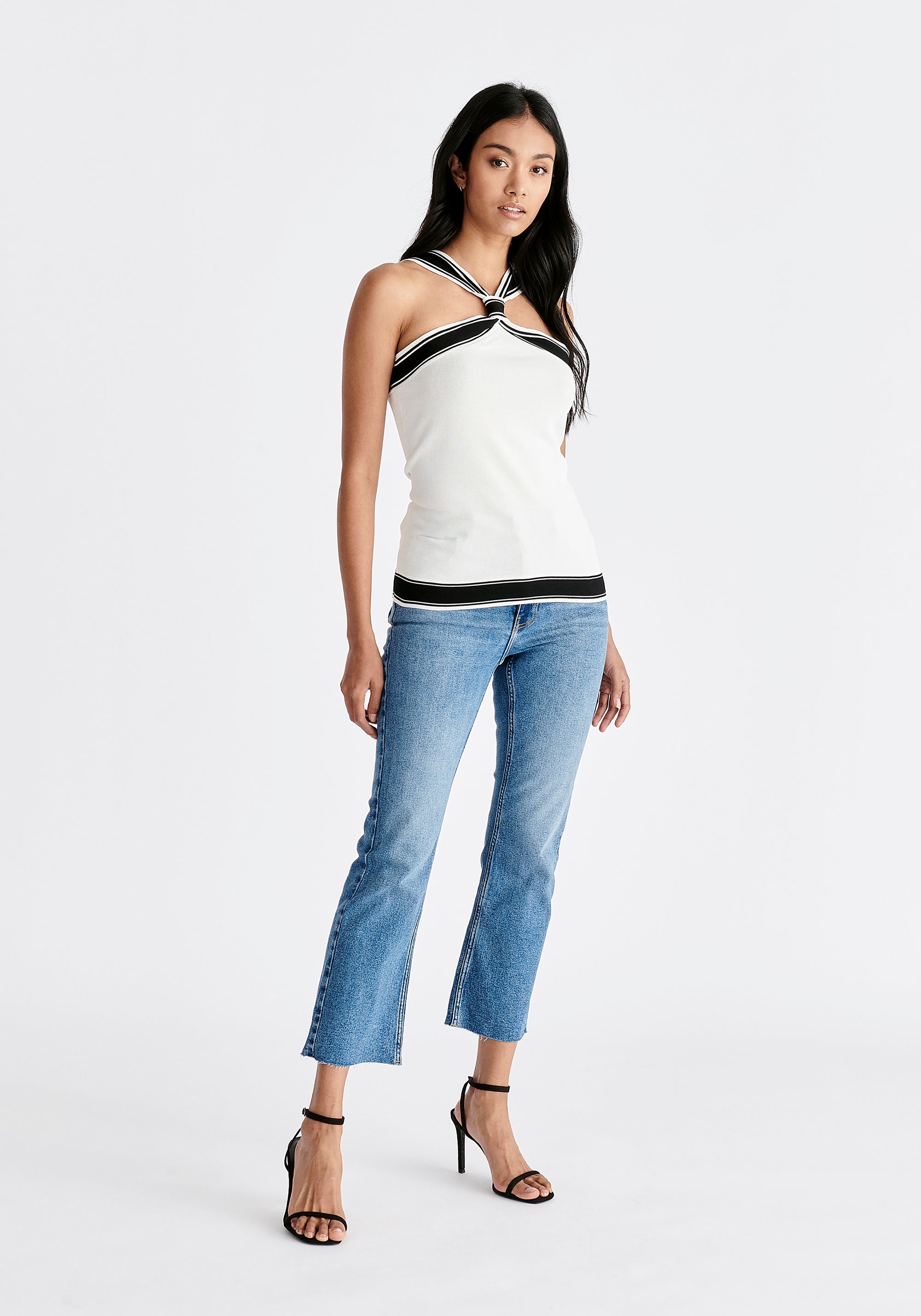 Contrast Detail Halterneck Top in White and Black