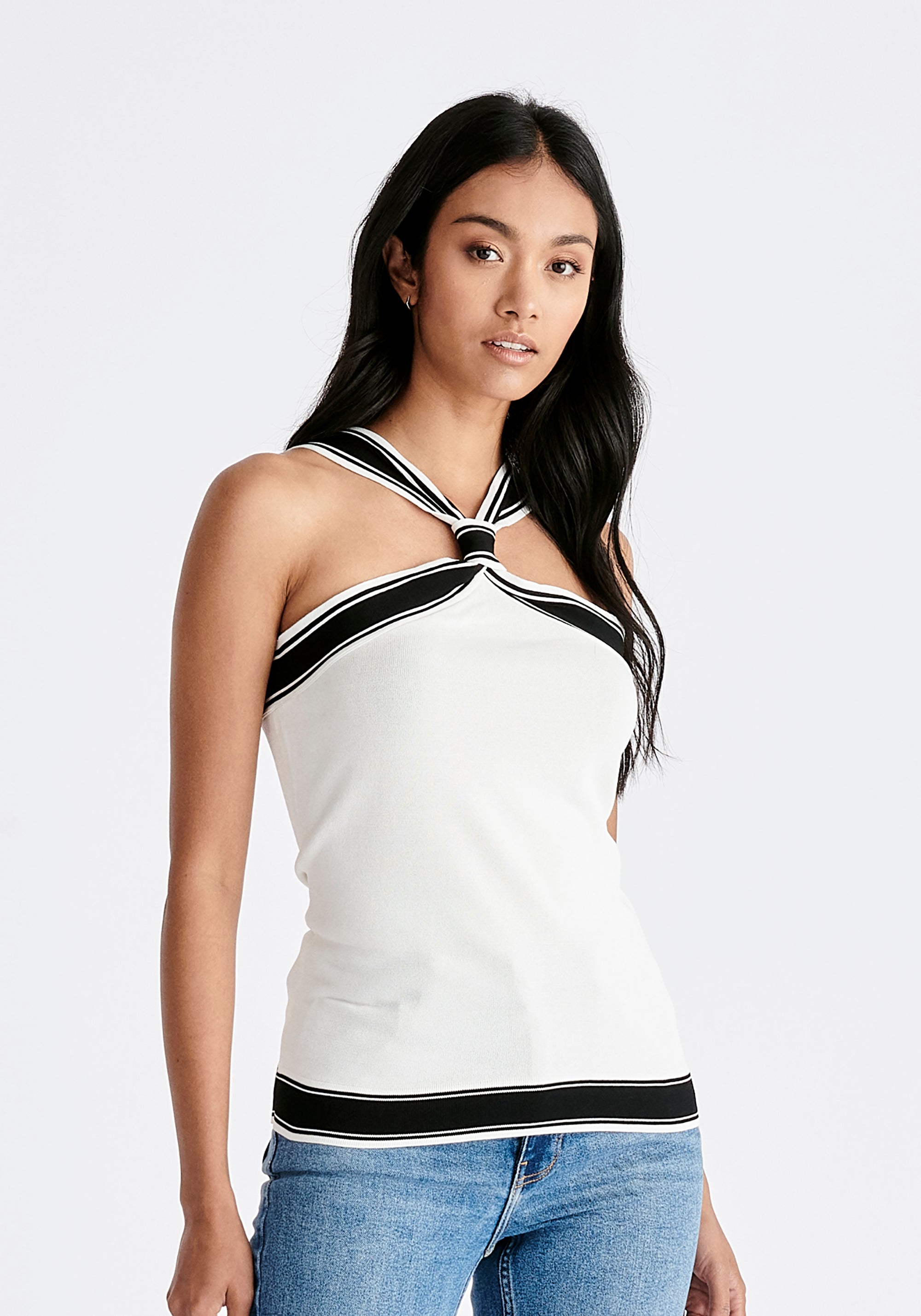 Contrast Detail Halterneck Top in White and Black