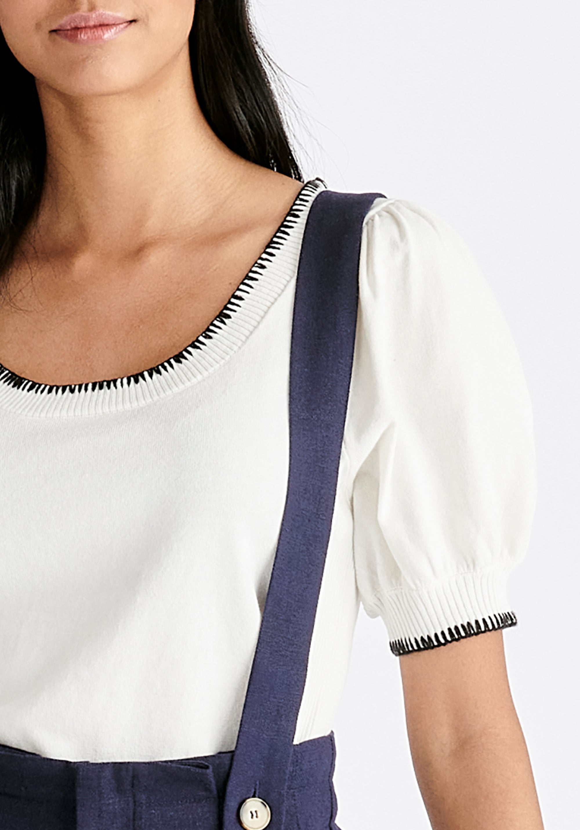 Contrast Whipstitch Top in White and Black Close Up