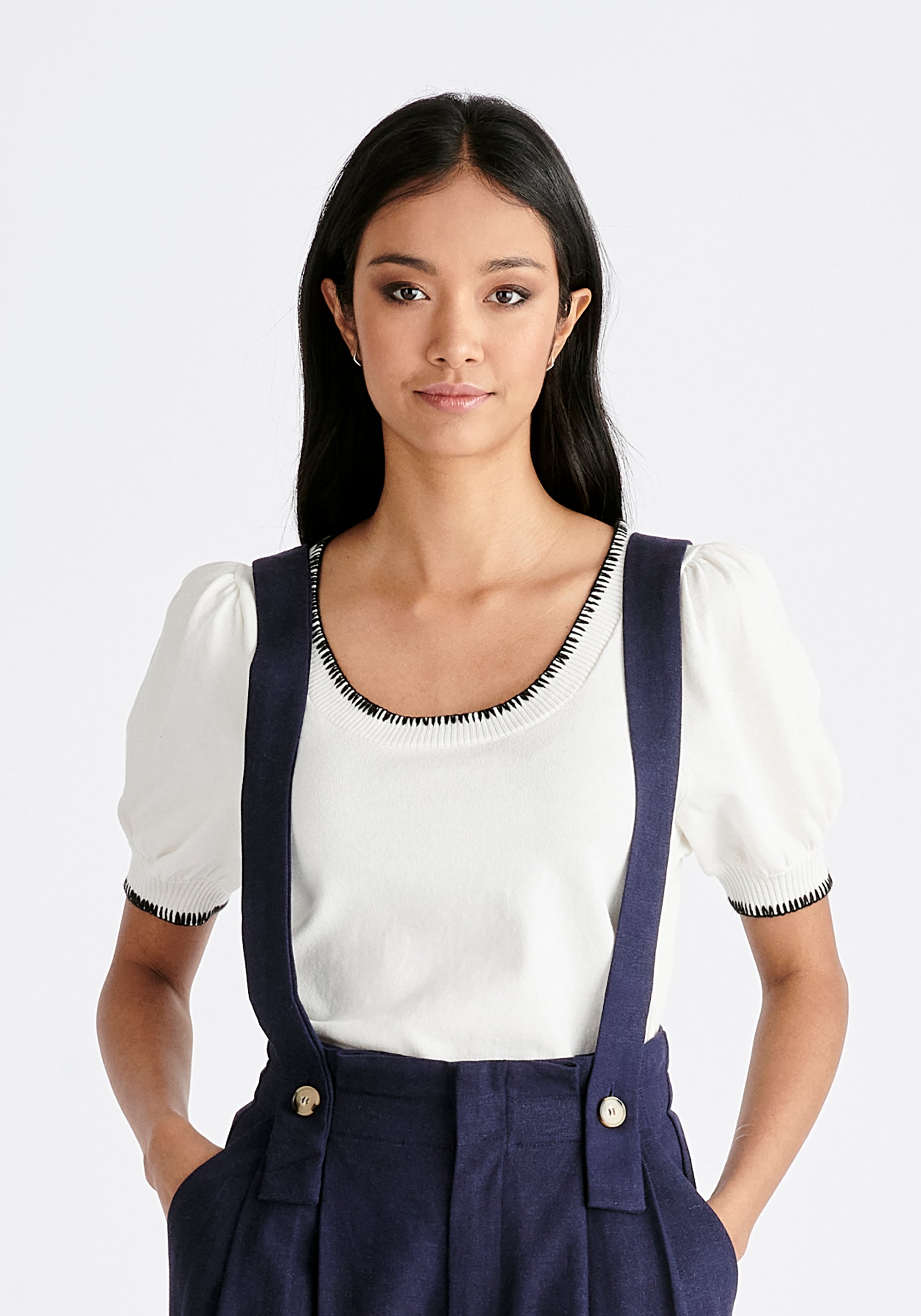 Contrast Whipstitch Top in White and Black