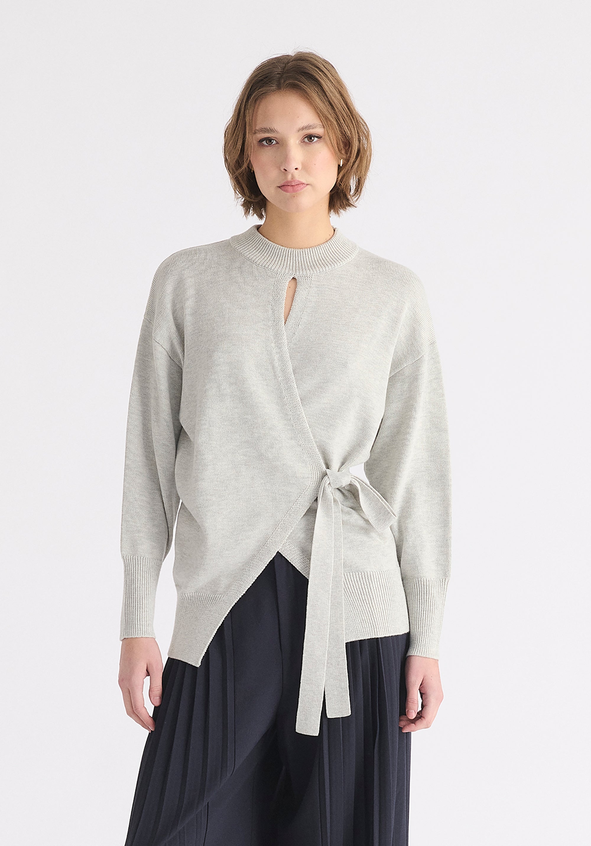 Open Front Mock Neck Wrap Jumper in Light Grey