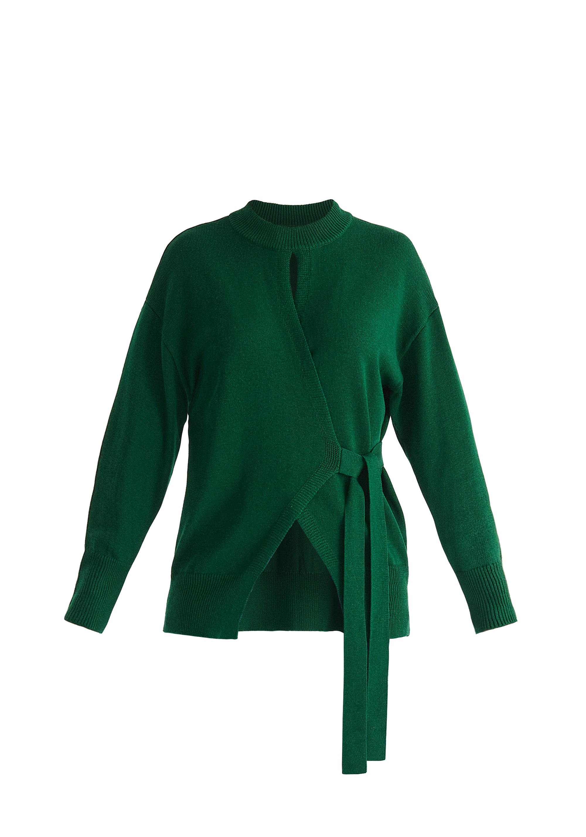 Open Front Mock Neck Wrap Jumper in Green Cut Out