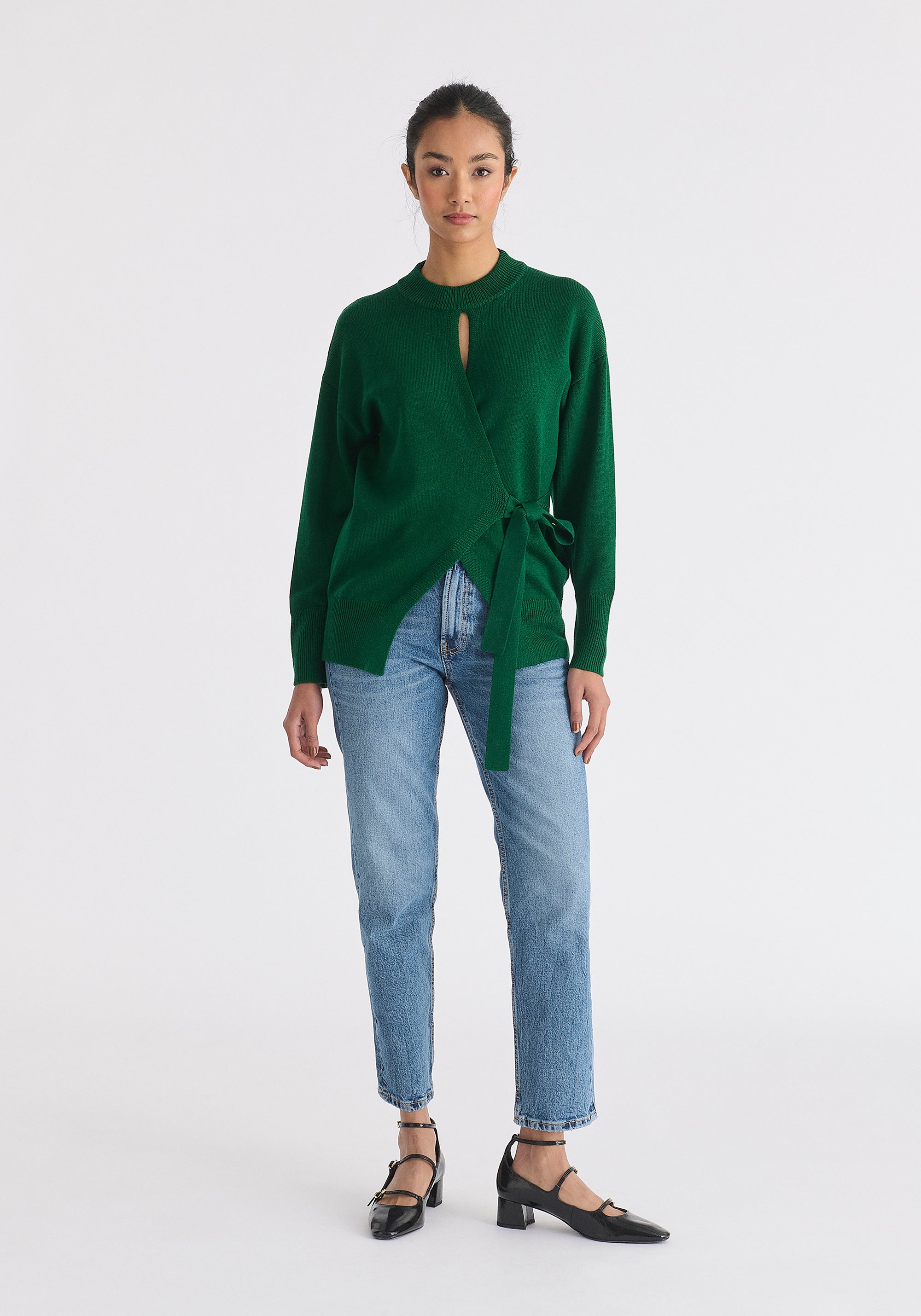 Open Front Mock Neck Wrap Jumper in Green Front