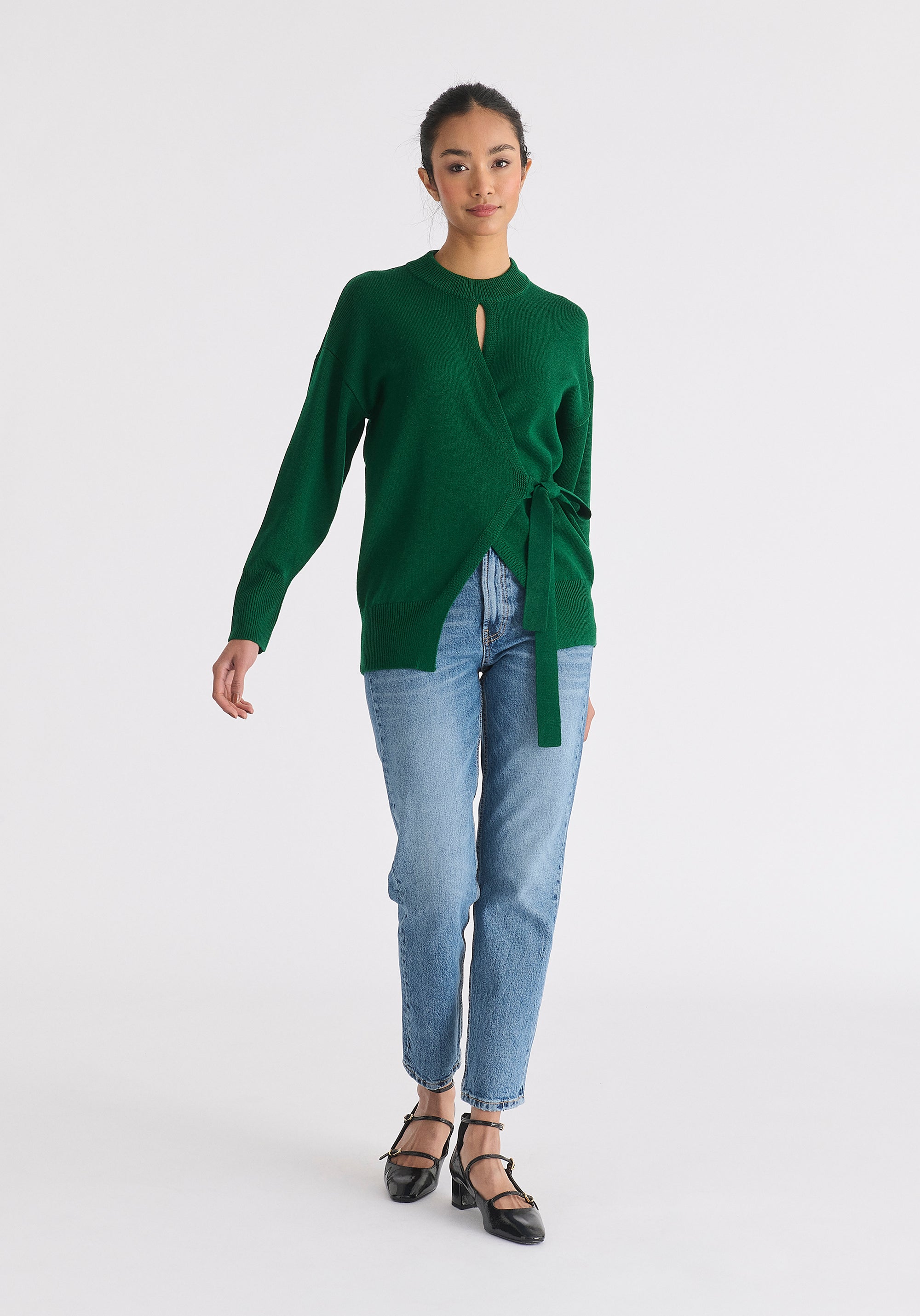 Open Front Mock Neck Wrap Jumper in Green Front