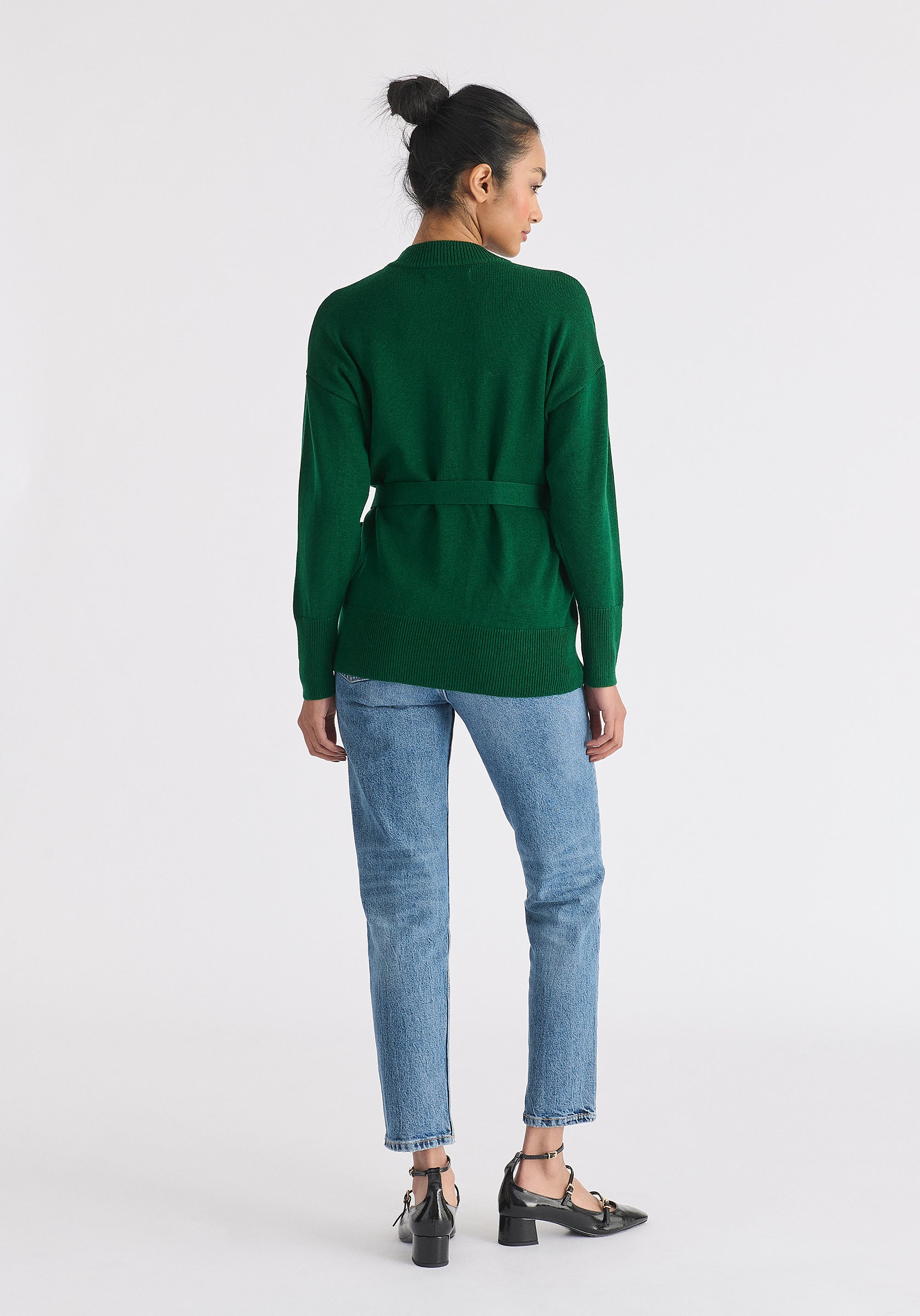 Open Front Mock Neck Wrap Jumper in Green Back