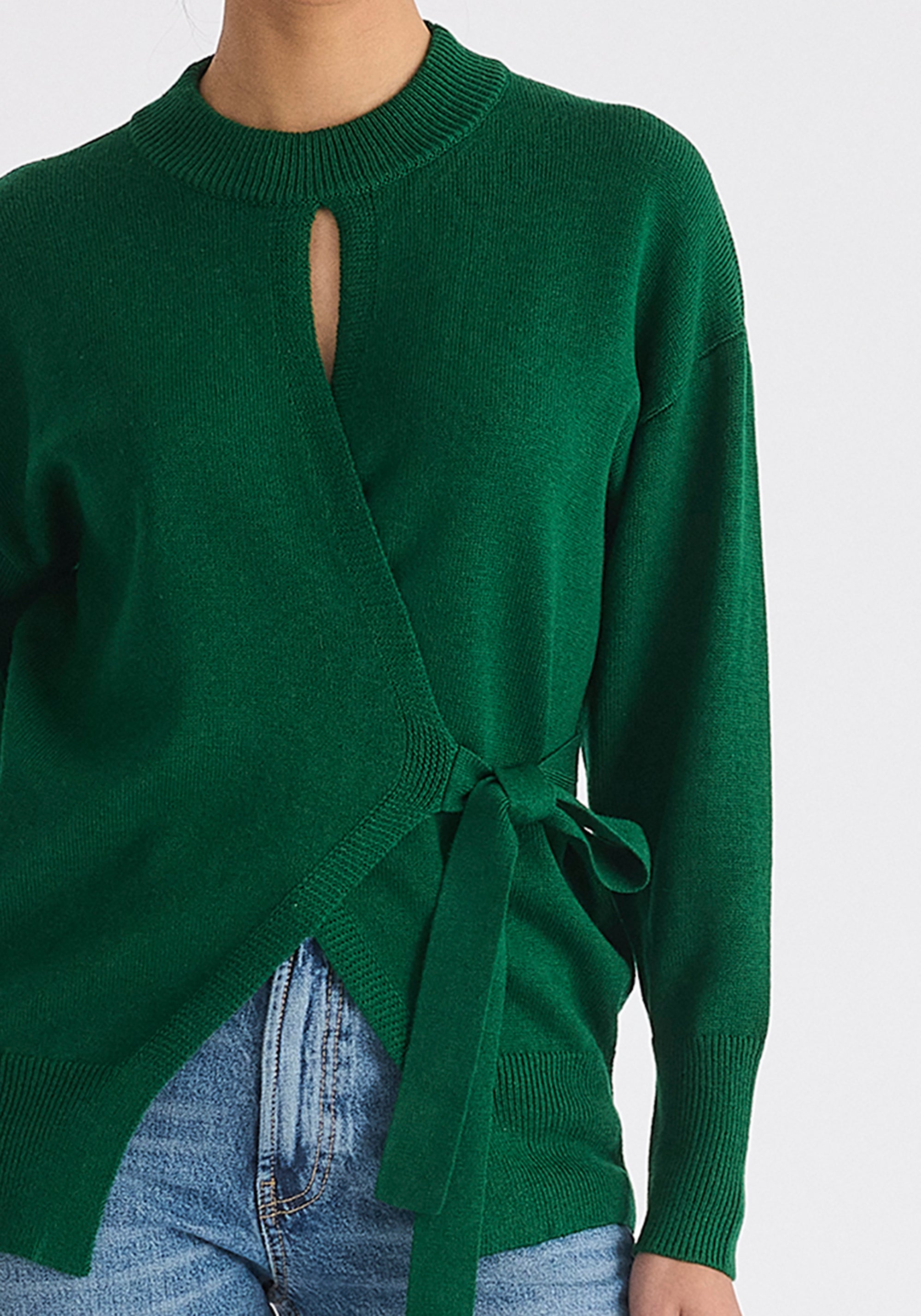 Open Front Mock Neck Wrap Jumper in Green Close Up