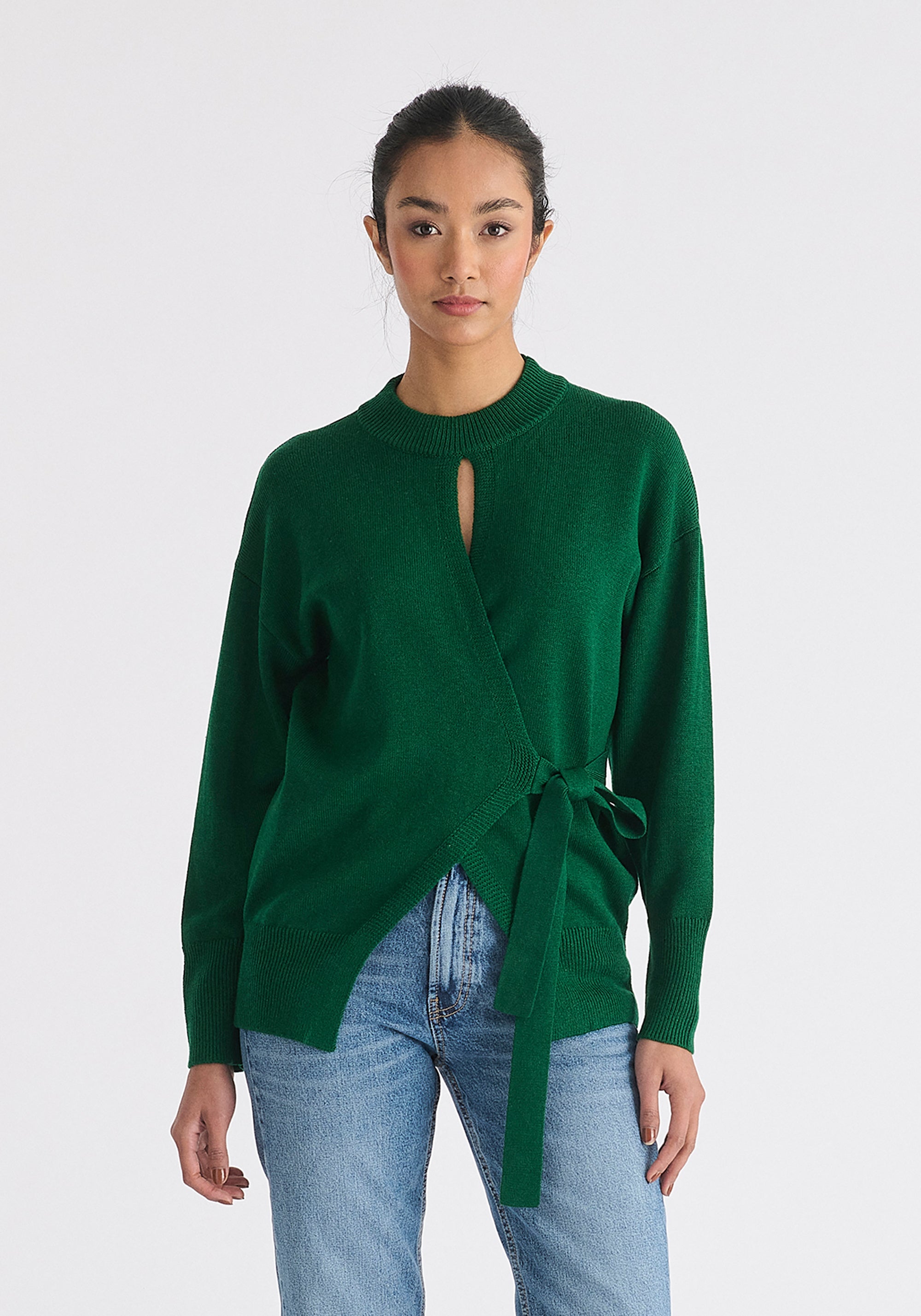 Open Front Mock Neck Wrap Jumper in Green