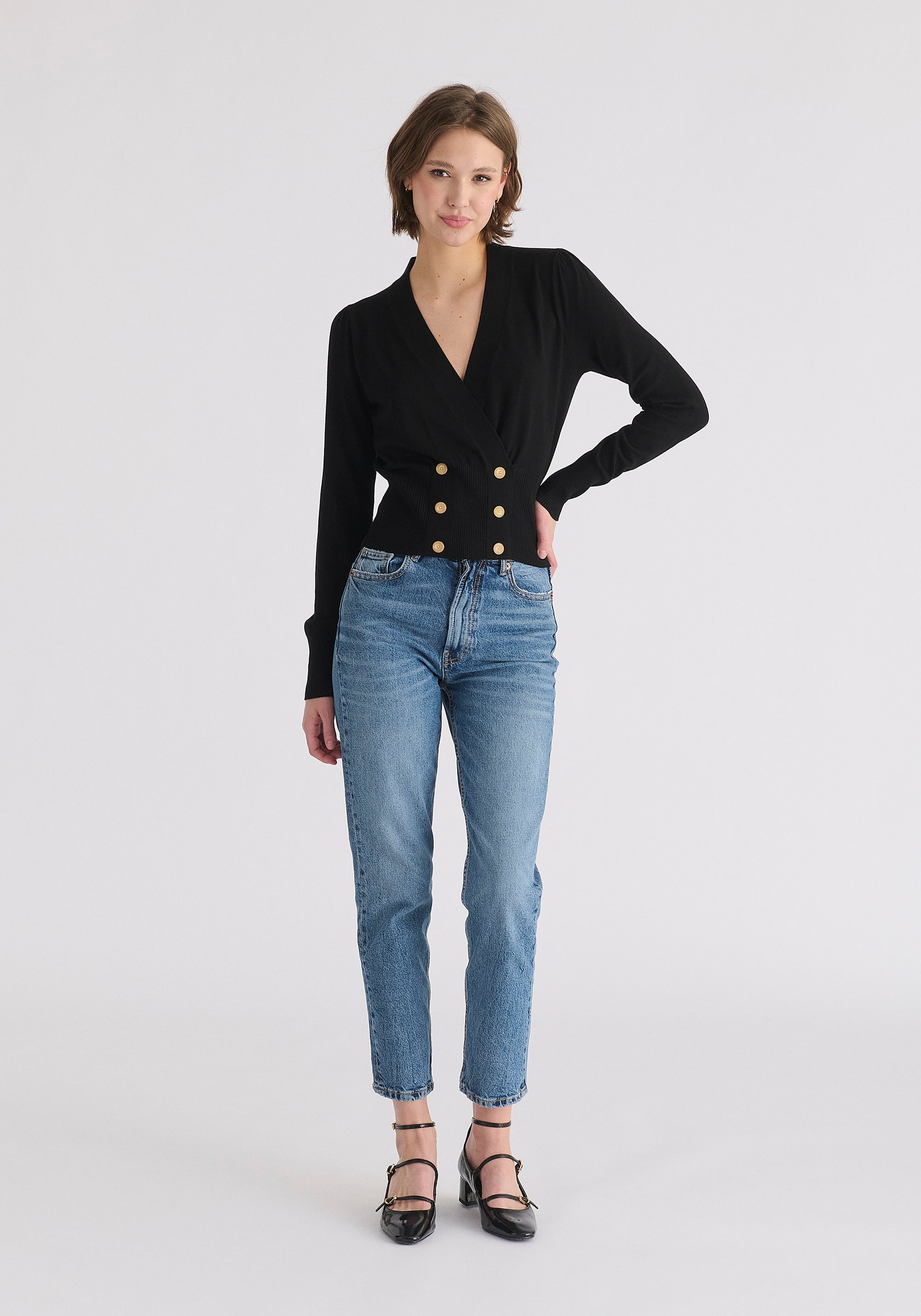 Long Sleeve Knitted Button Wrap Top Front