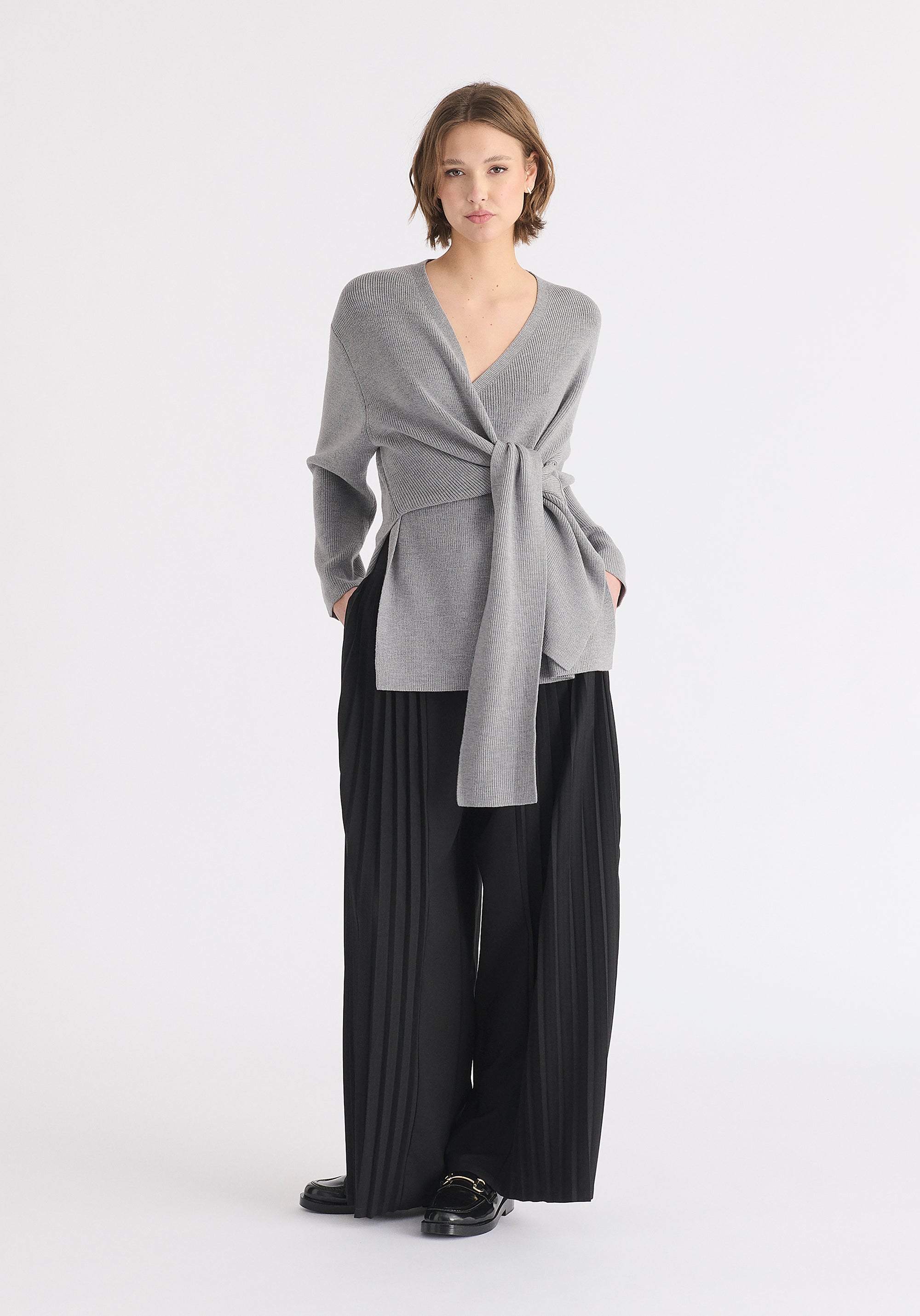 Wrap Side Tie Knit Jumper in Grey