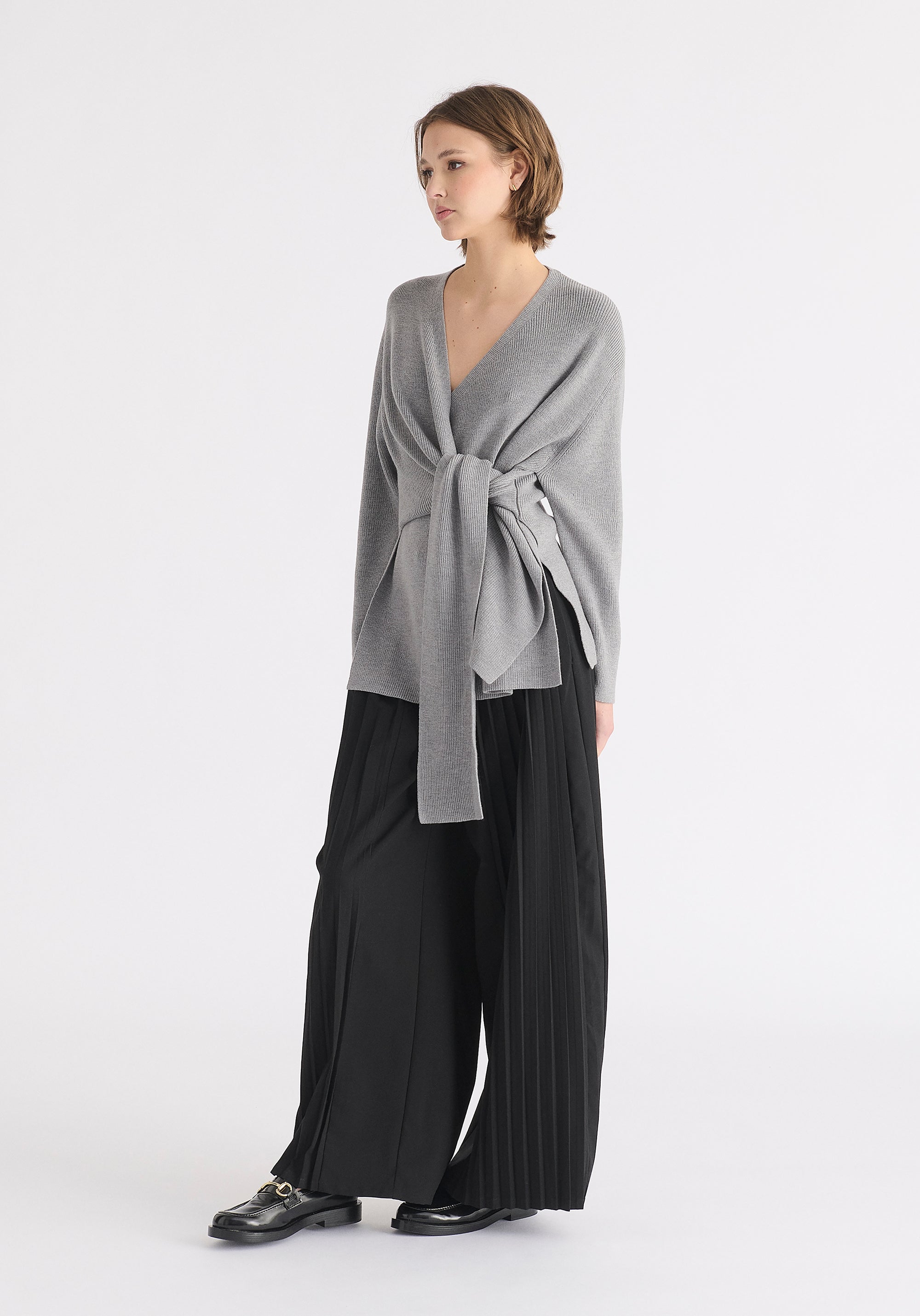 Wrap Side Tie Knit Jumper in Grey Side