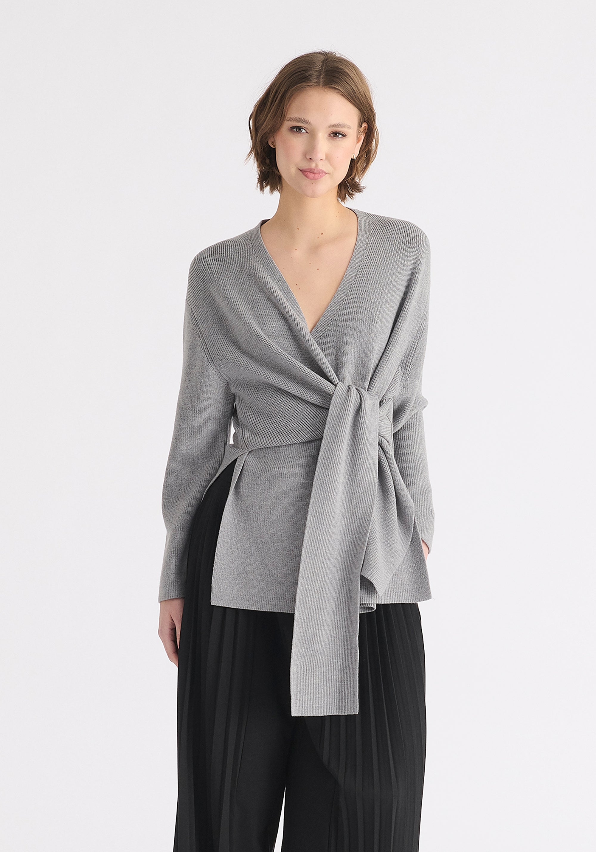 Wrap Side Tie Knit Jumper in Grey