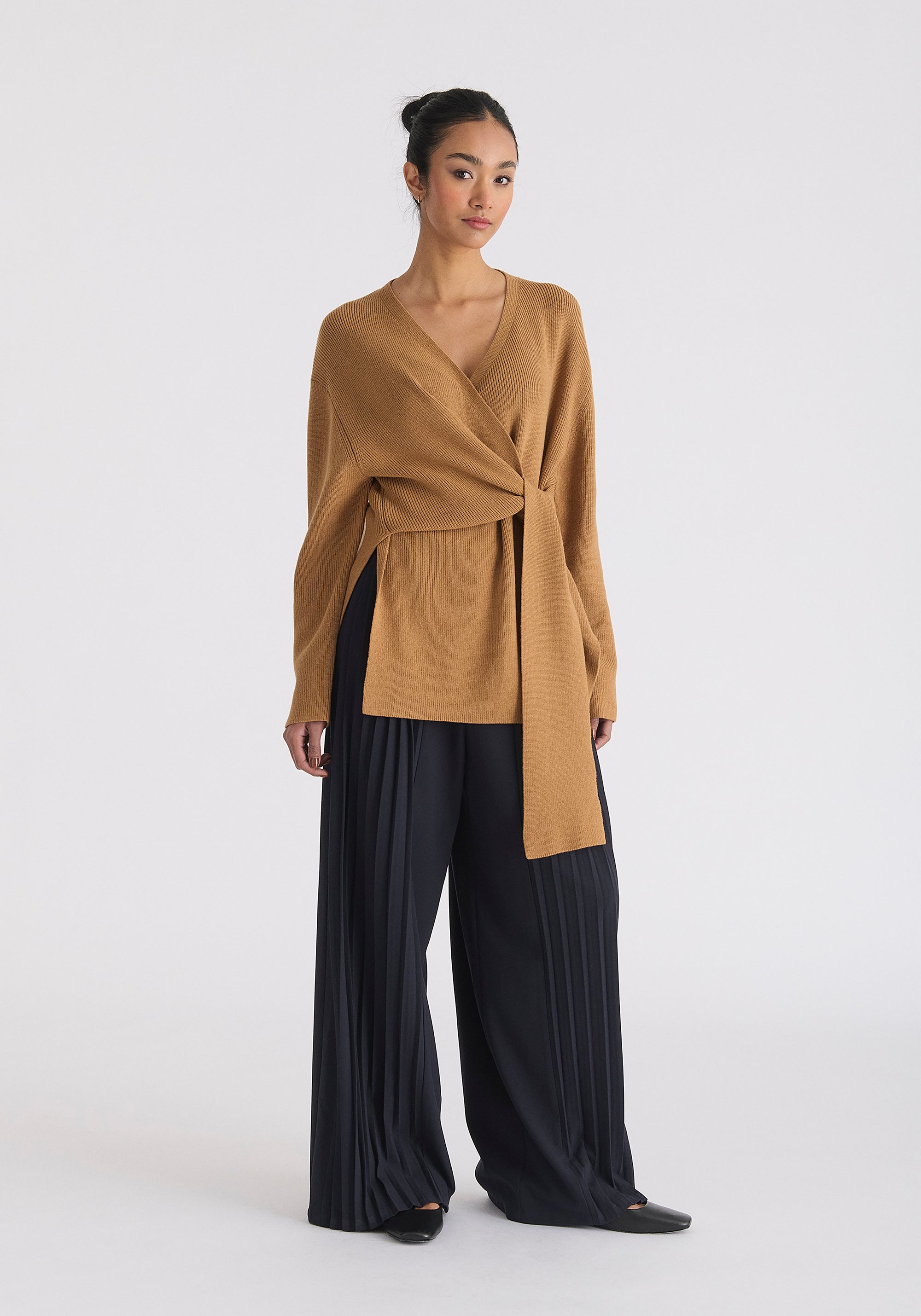 Wrap Side Tie Knit Jumper in Camel