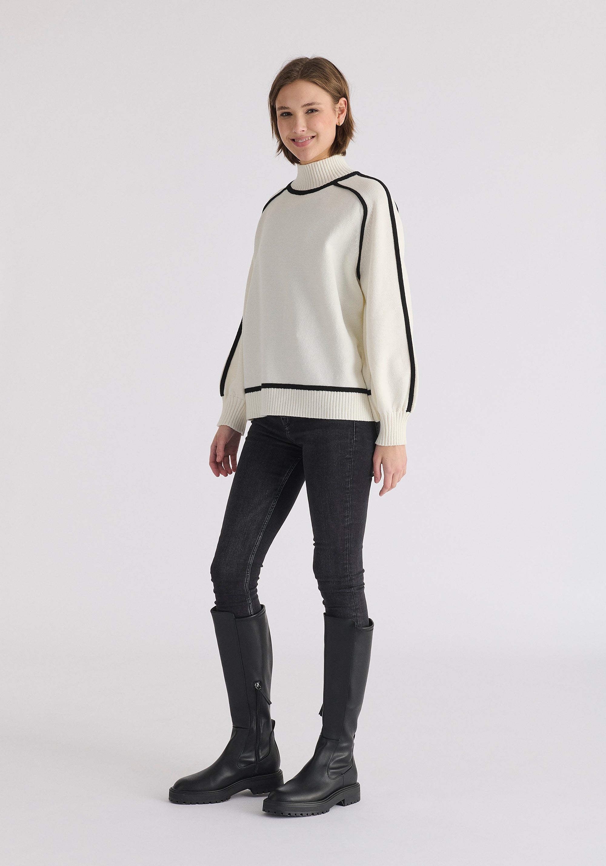 Contrast Stripe Piping Mock Neck Jumper in White and Black Side