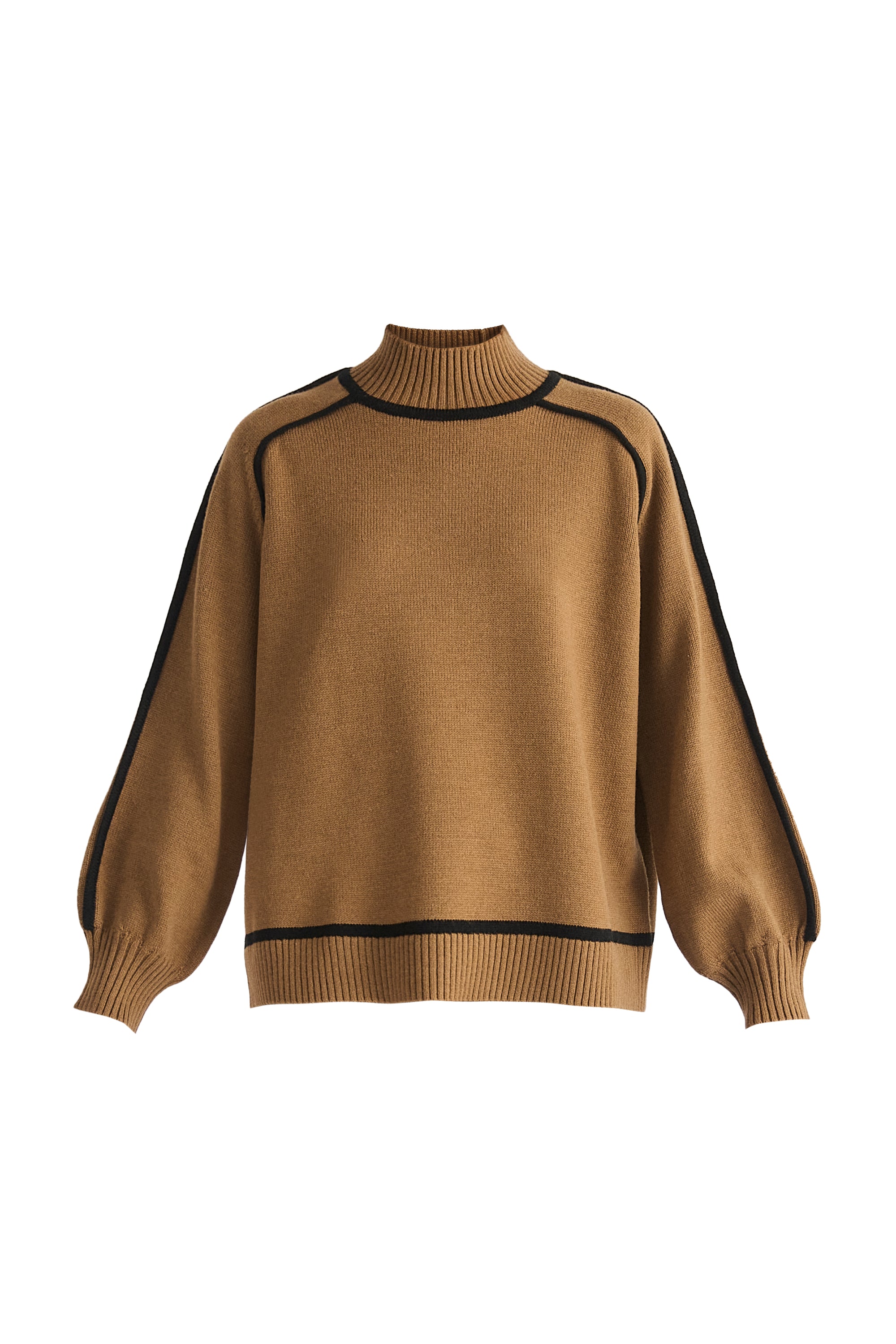 Contrast Stripe Piping Mock Neck Jumper in Brown Cut Out