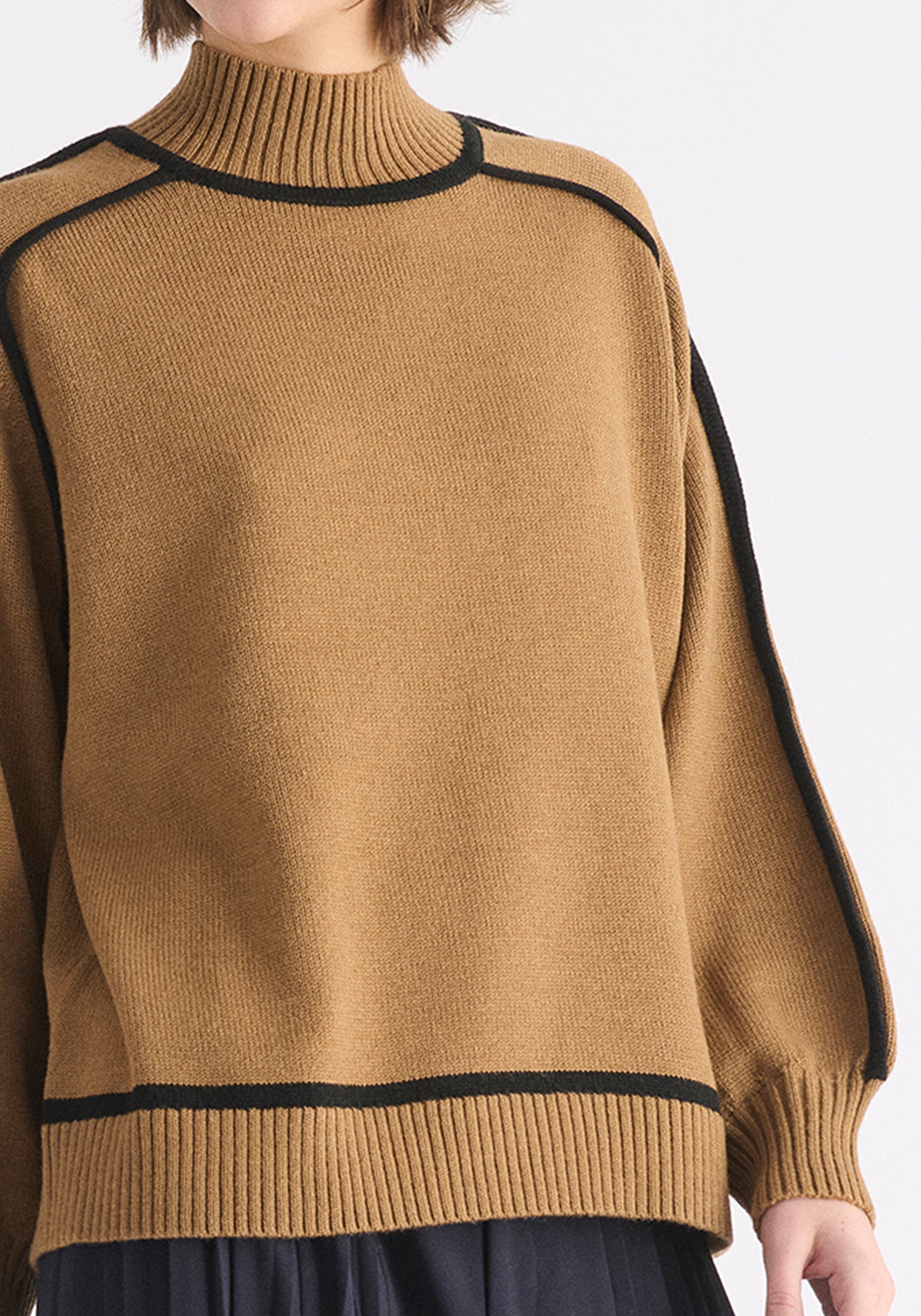 Contrast Stripe Piping Mock Neck Jumper in Brown Close Up