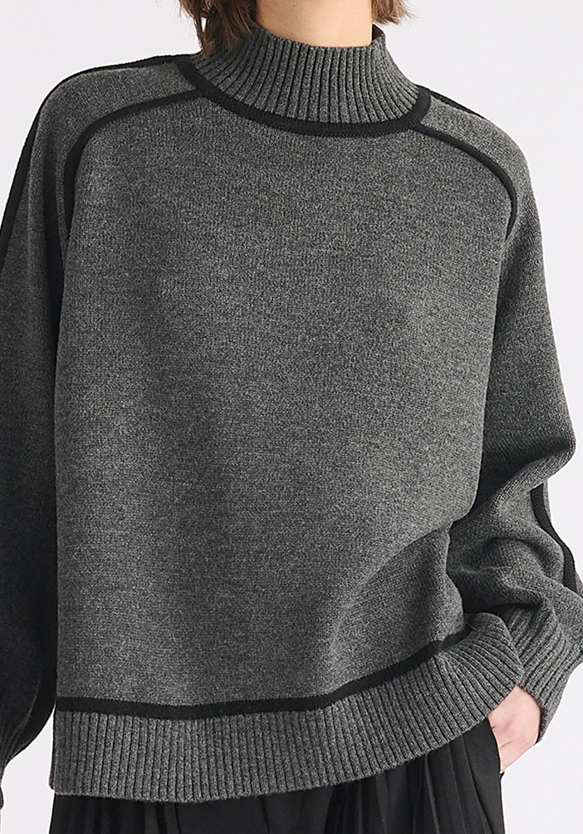 Contrast Stripe Piping Mock Neck Jumper in Marl Dark Grey and Black Close Up