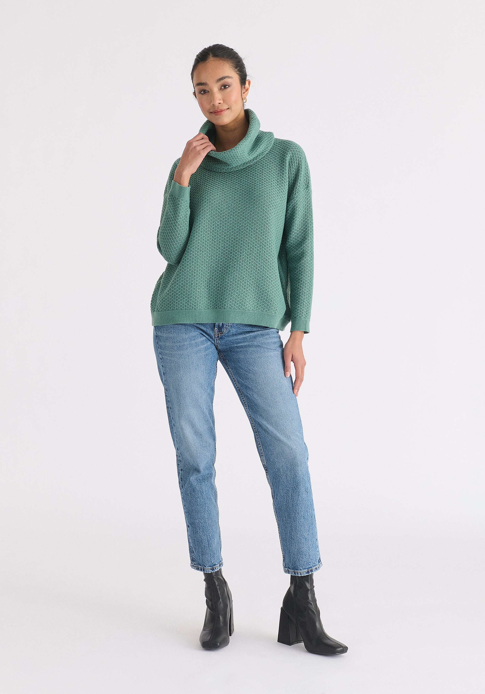 Cowl Neck Jumper in Teal Front