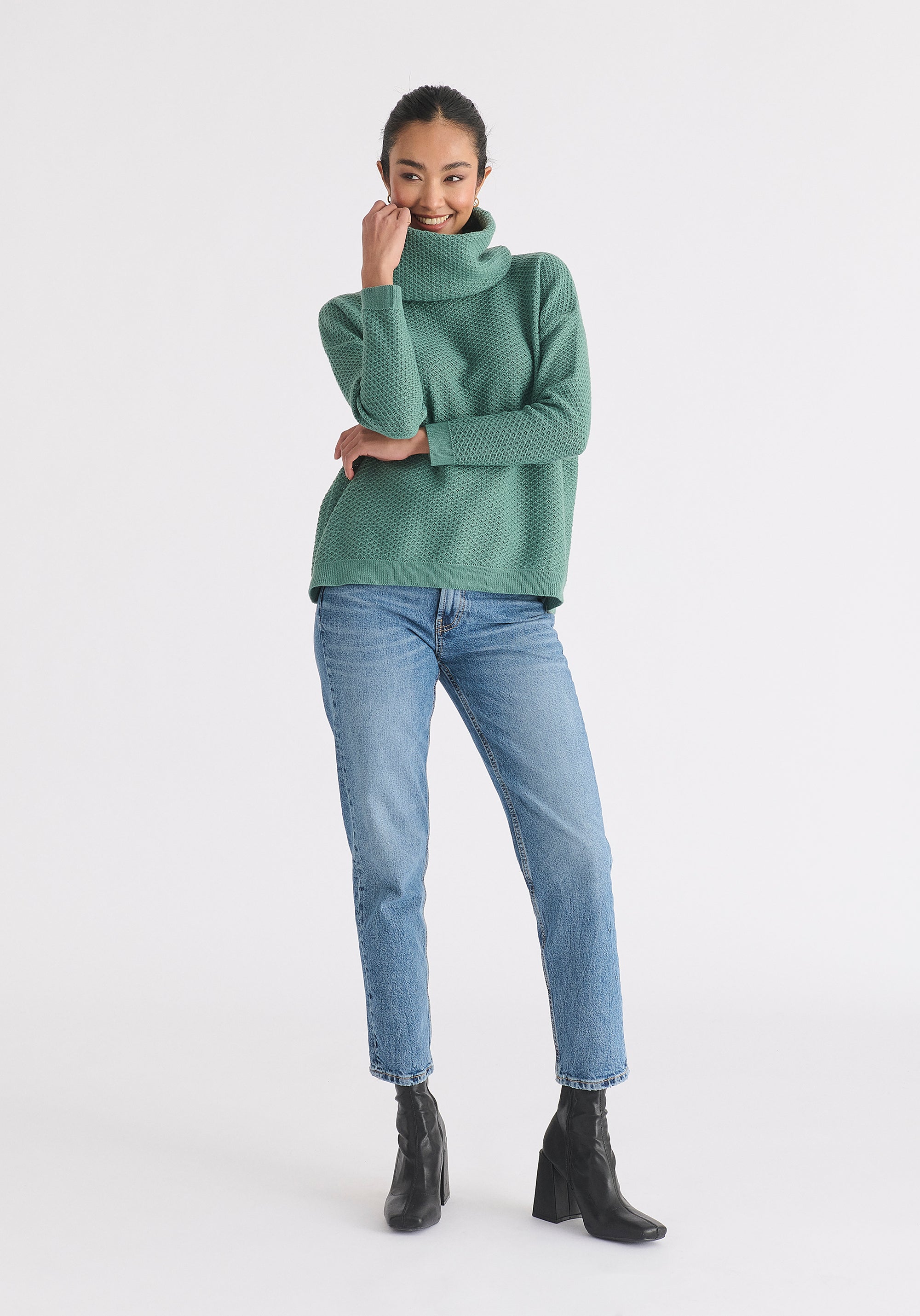 Cowl Neck Jumper in Teal Front