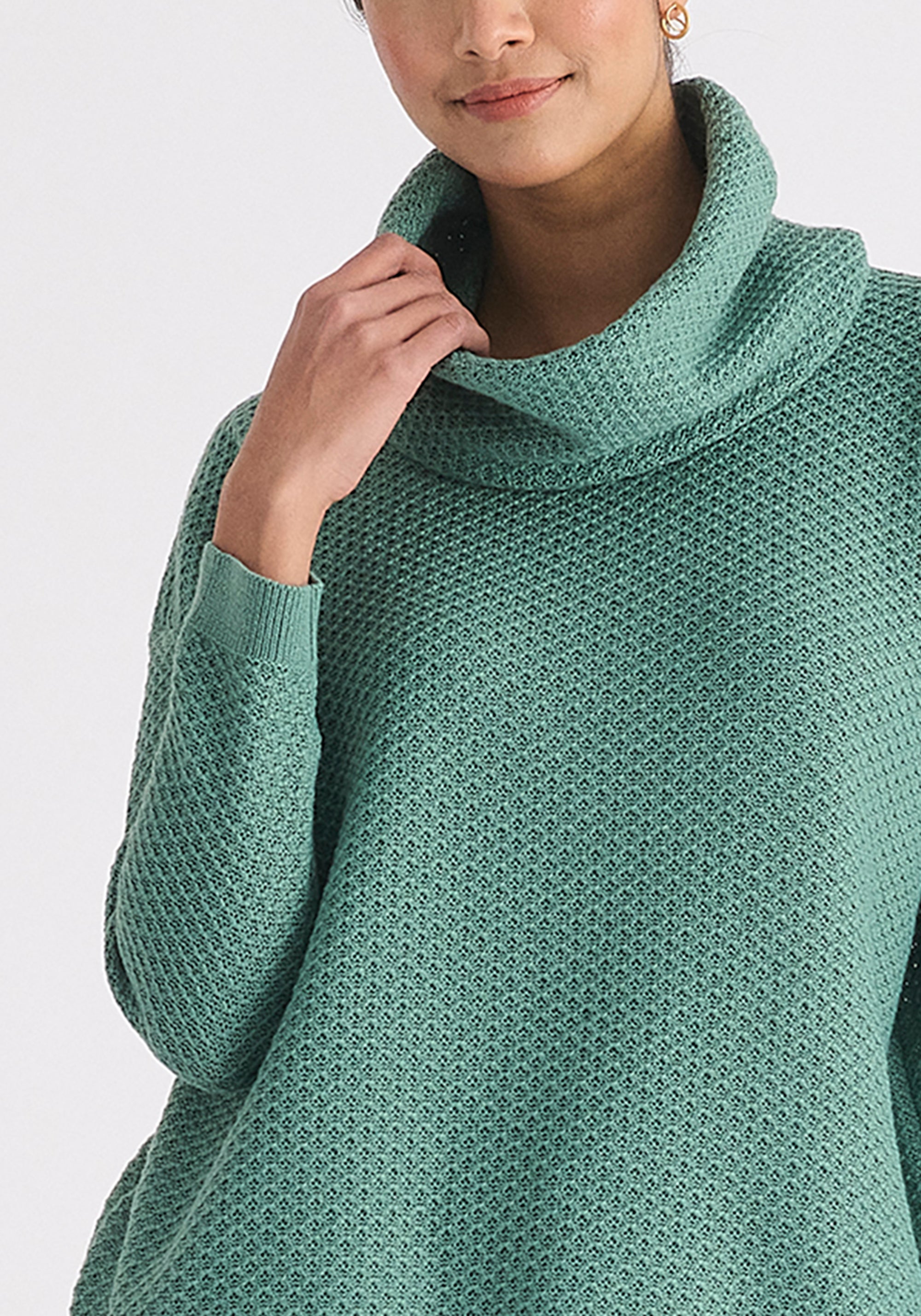 Cowl Neck Jumper in Teal Close Up