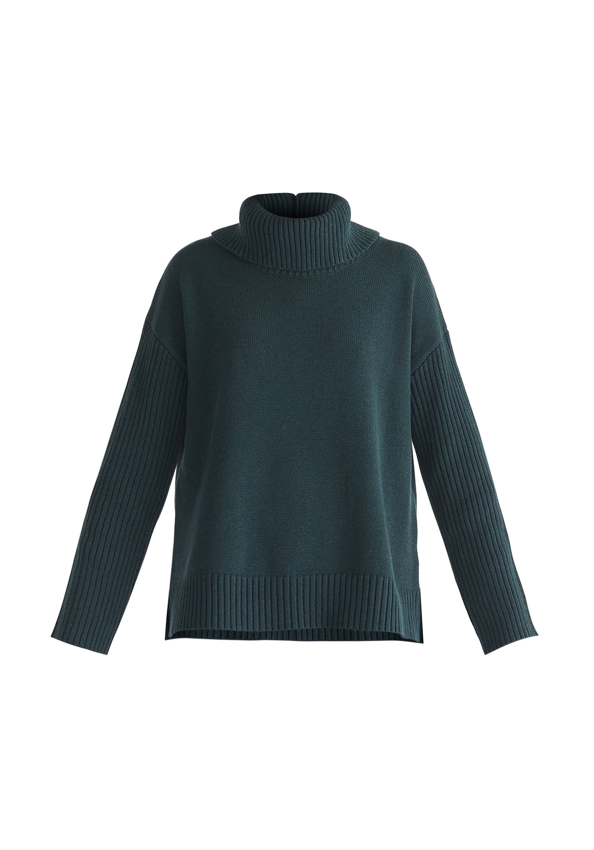 Polo Neck Jumper with Ribbed Details in Green Cut Out