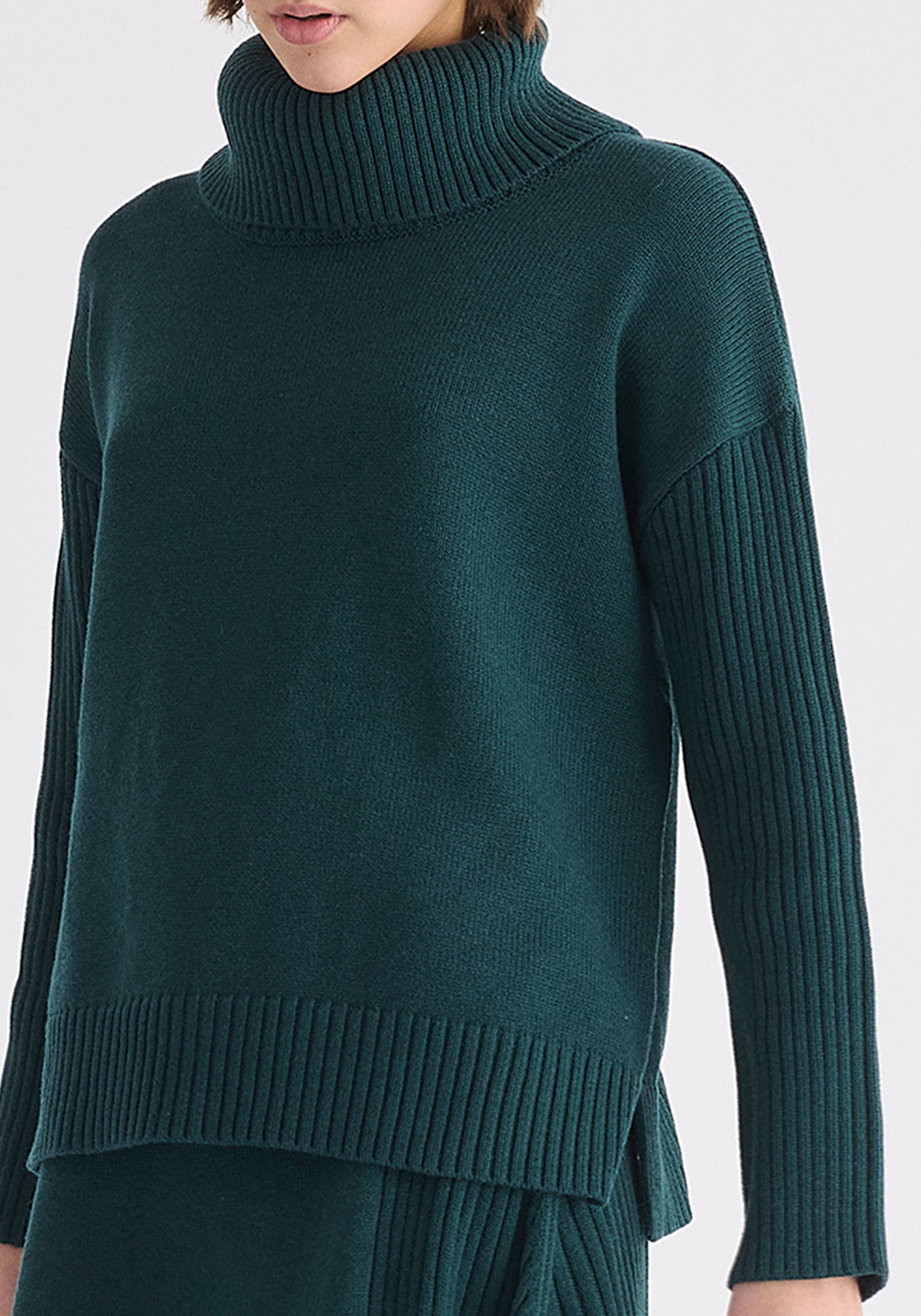 Polo Neck Jumper with Ribbed Details in Green Close Up