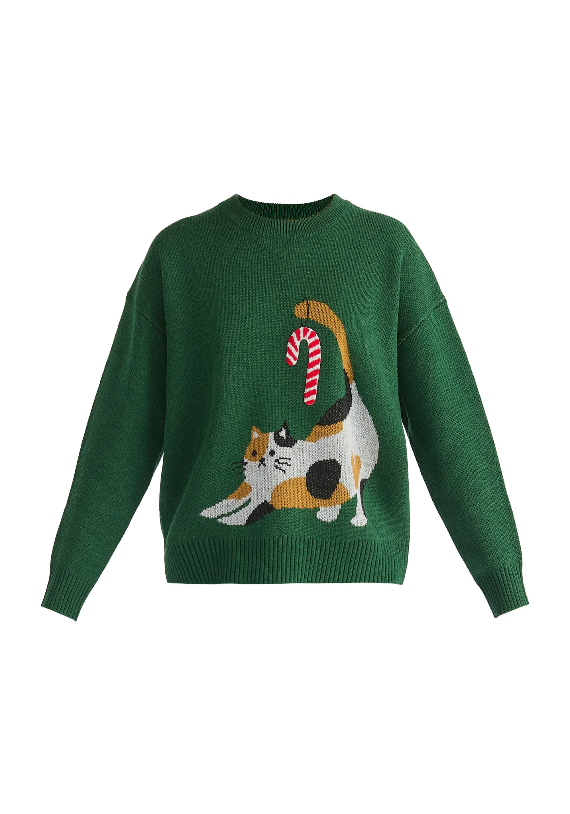 Christmas Jumper with Cat and Candy Cane in Green Cut Out