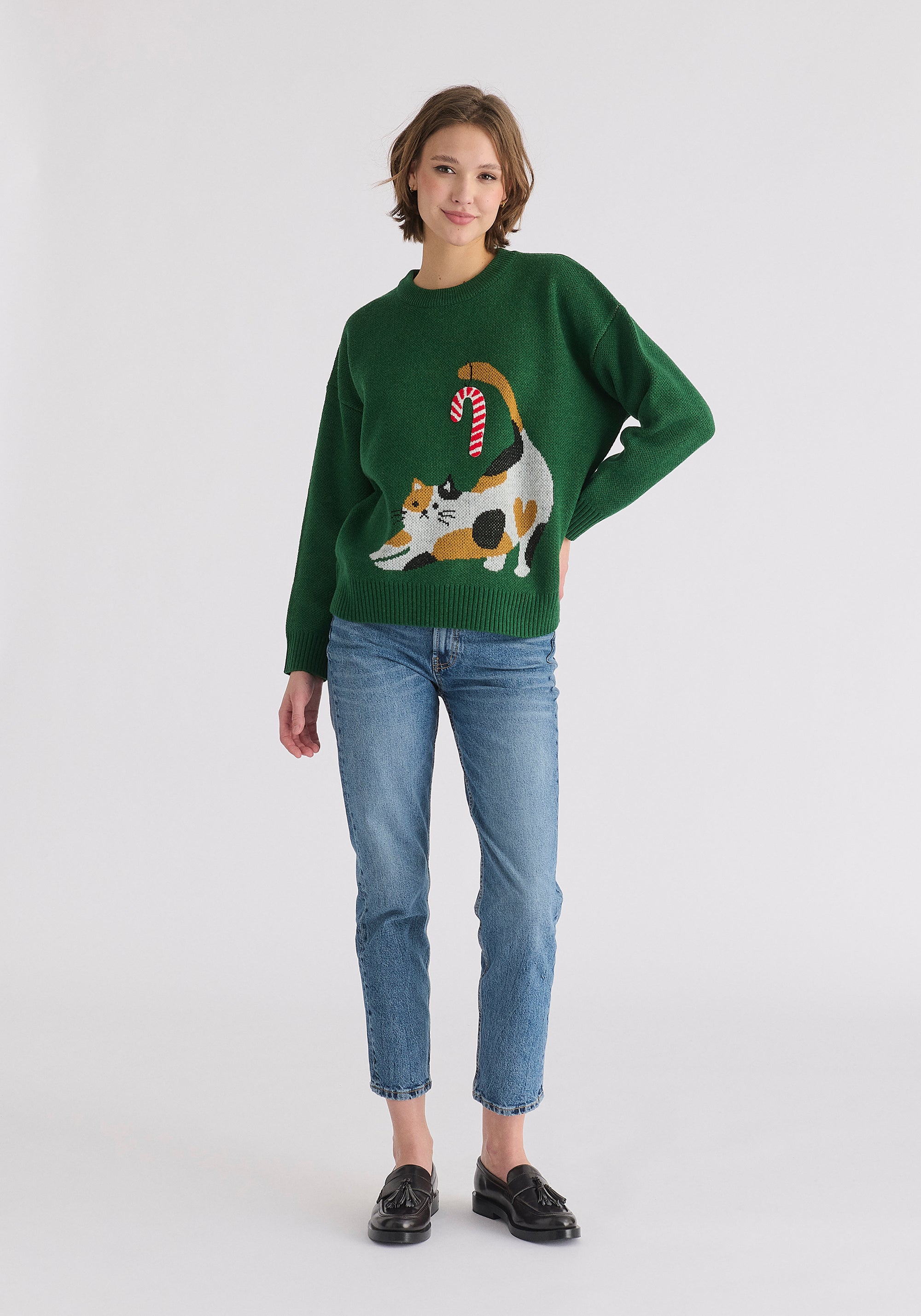 Christmas Jumper with Cat and Candy Cane in Green