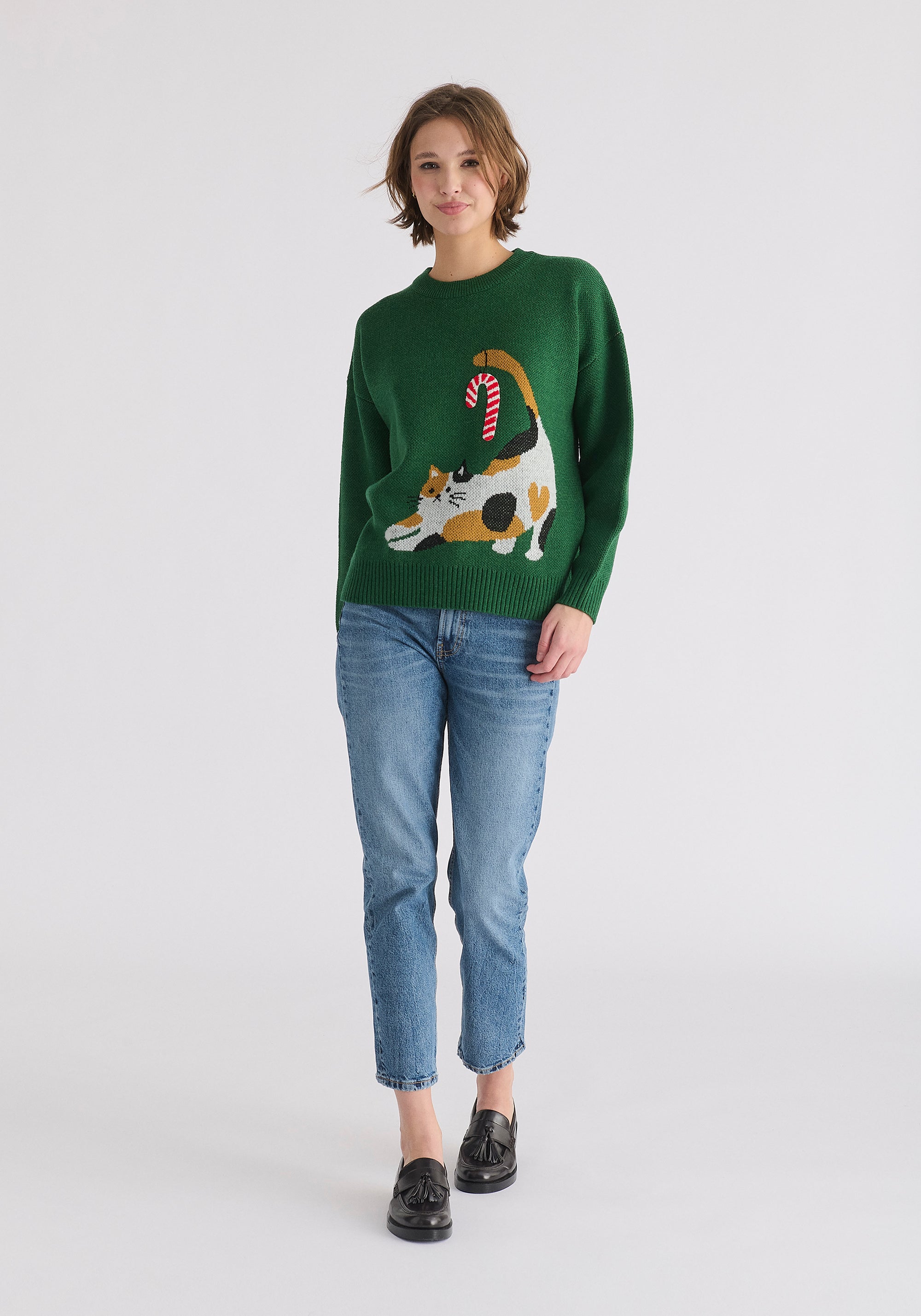 Christmas Jumper with Cat and Candy Cane in Green