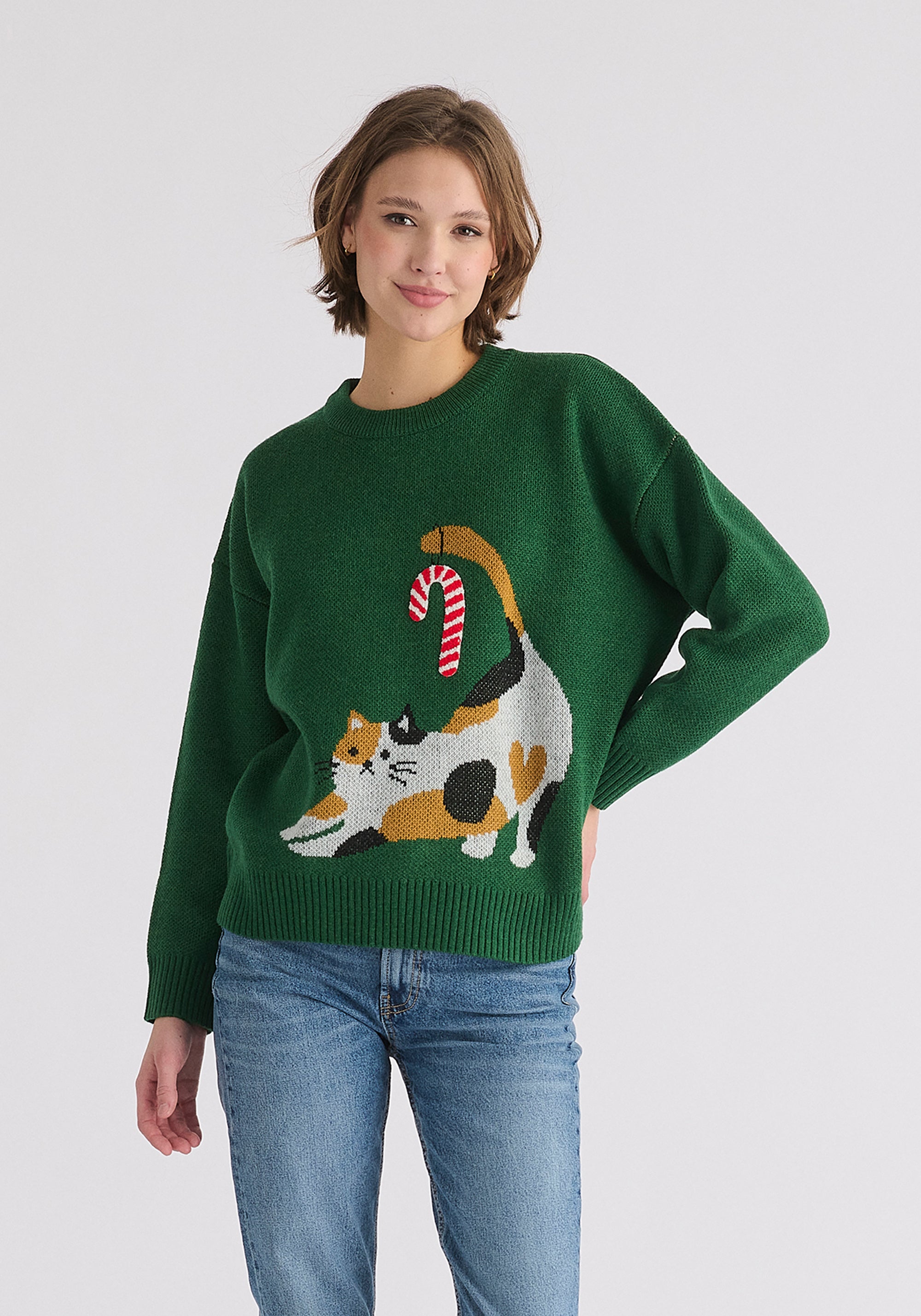 Christmas Jumper with Cat and Candy Cane in Green