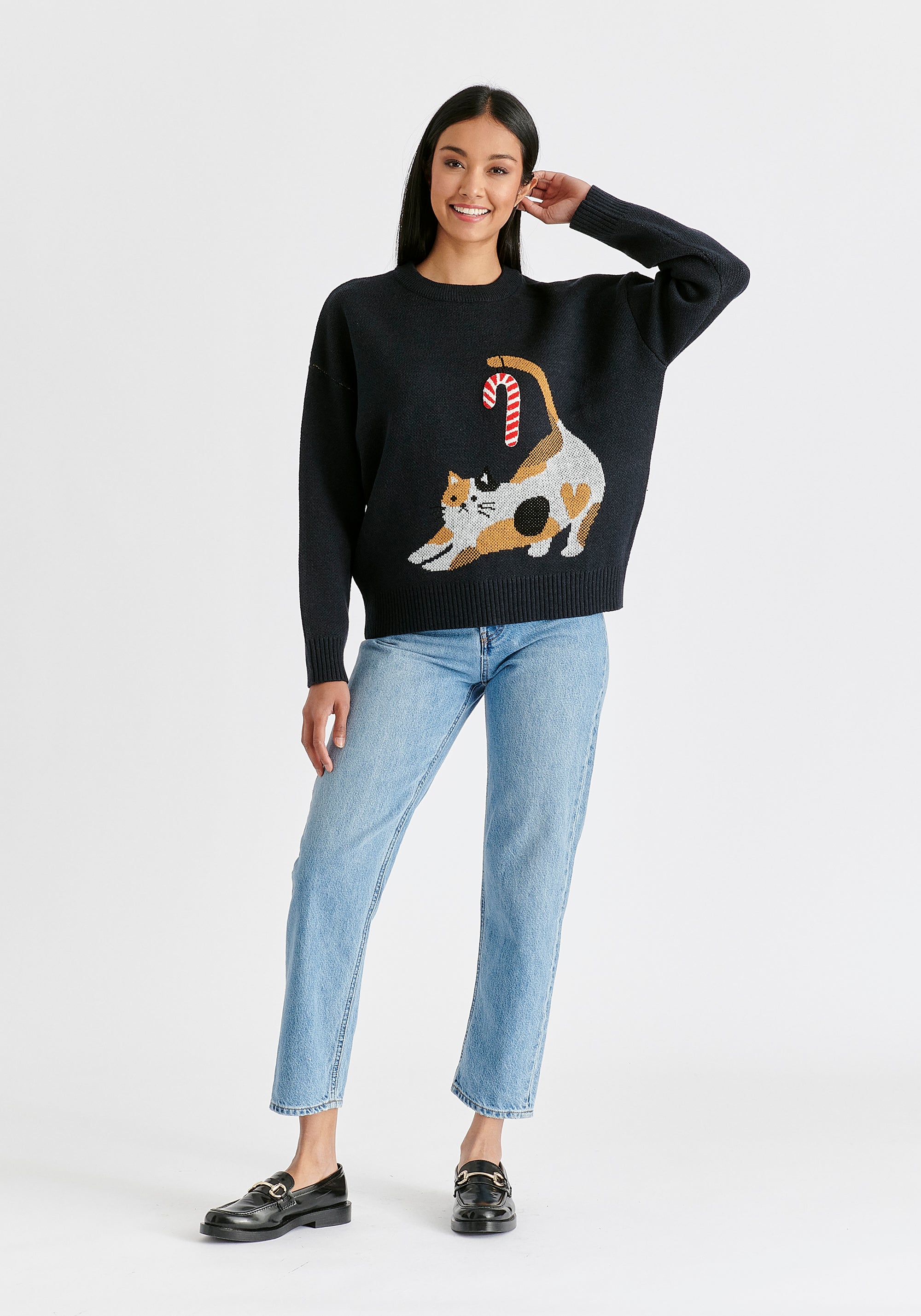 Christmas Jumper with Cat and Candy Cane in Navy