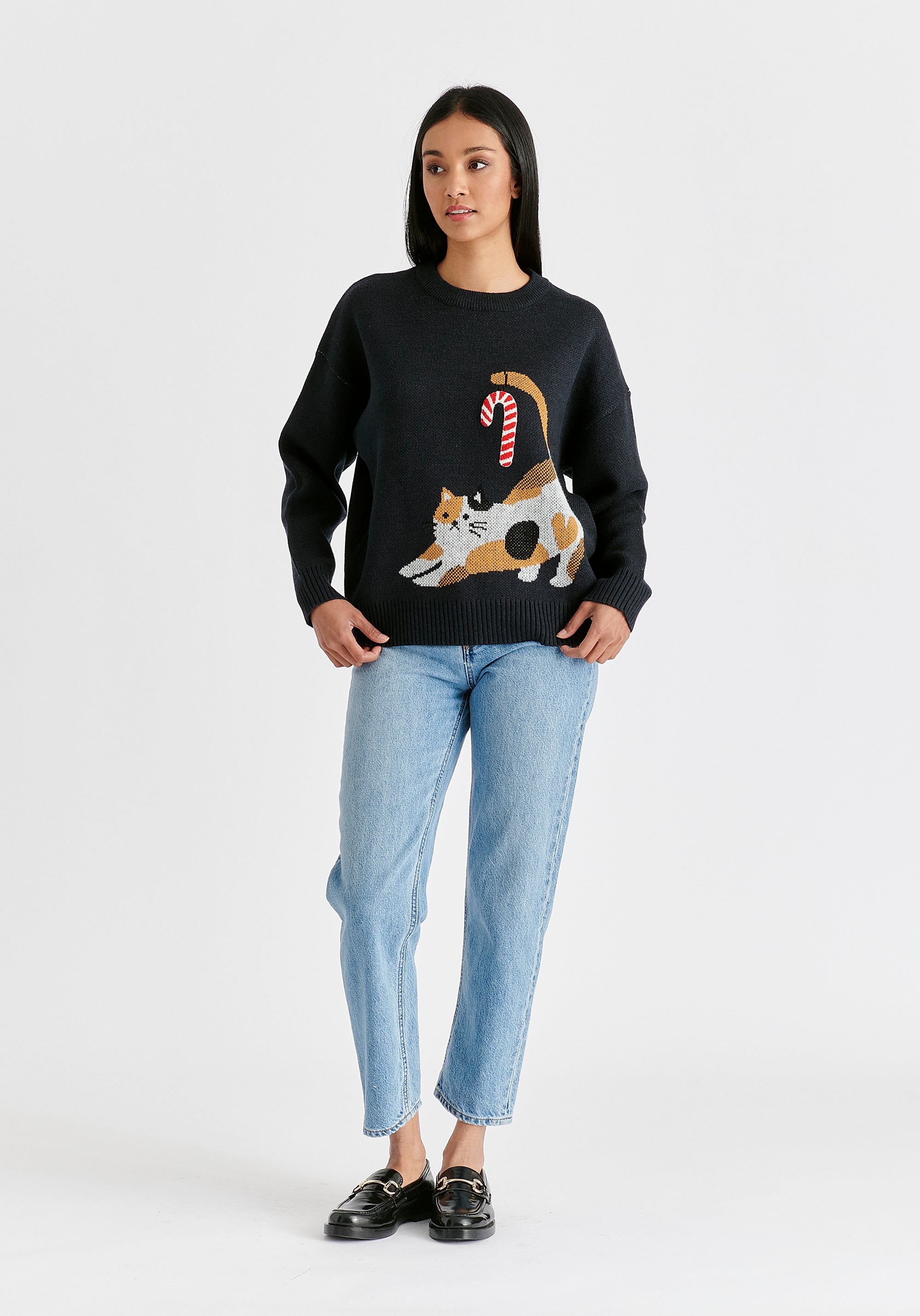 Christmas Jumper with Cat and Candy Cane in Navy