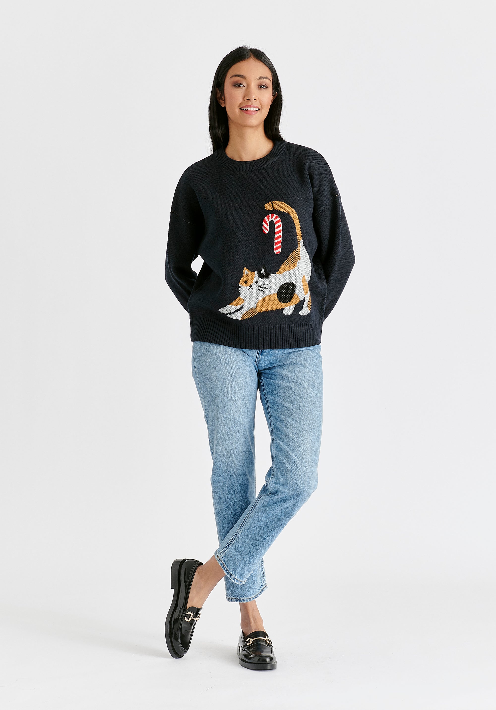 Christmas Jumper with Cat and Candy Cane in Navy