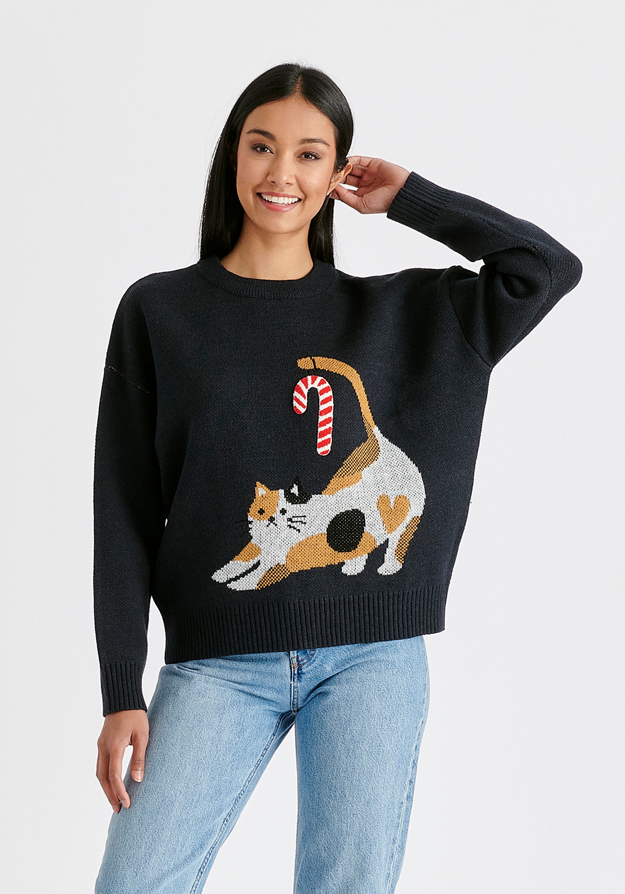 Christmas Jumper with Cat and Candy Cane in Navy