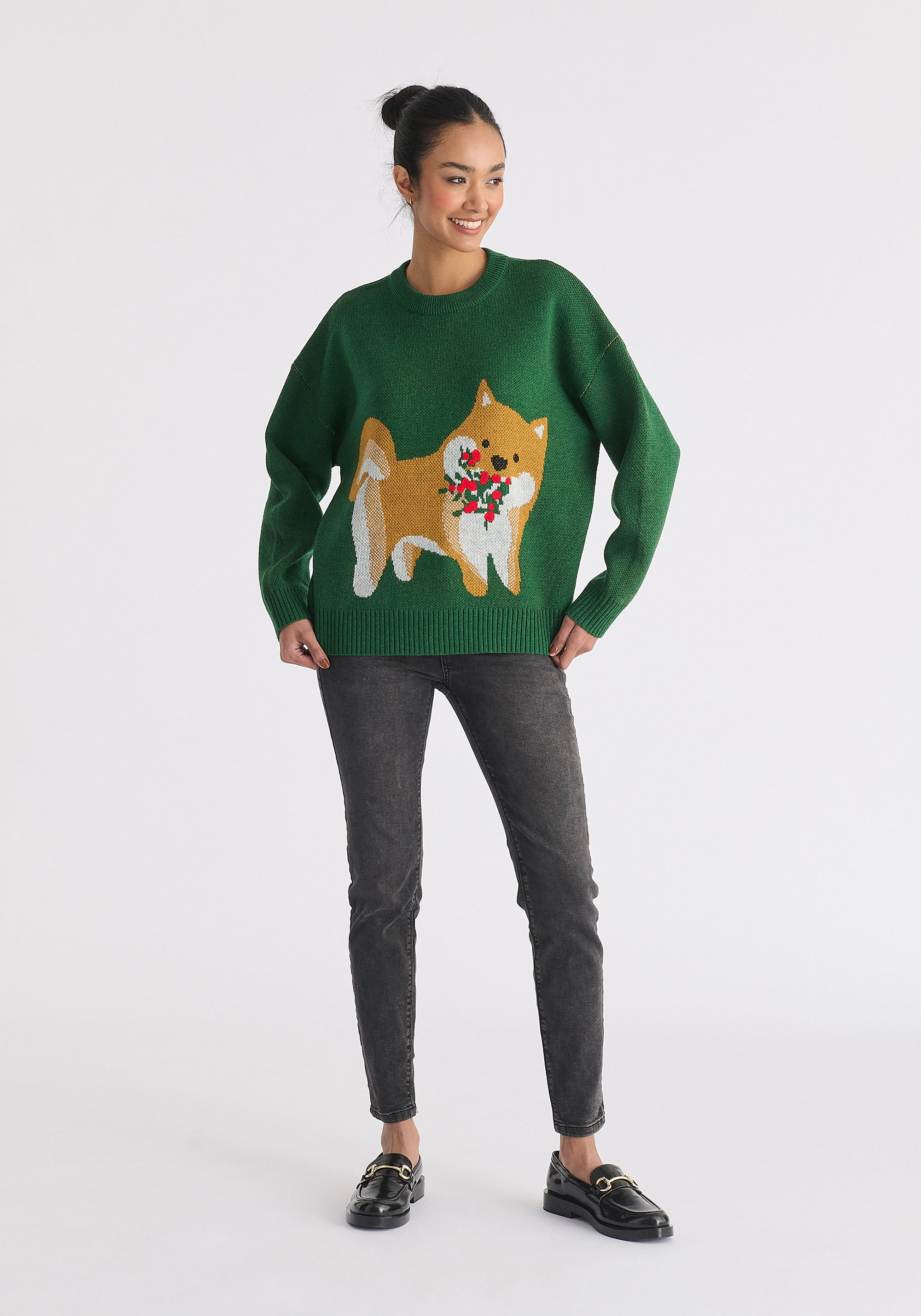 Christmas Jumper with Dog and Mistletoes in Green