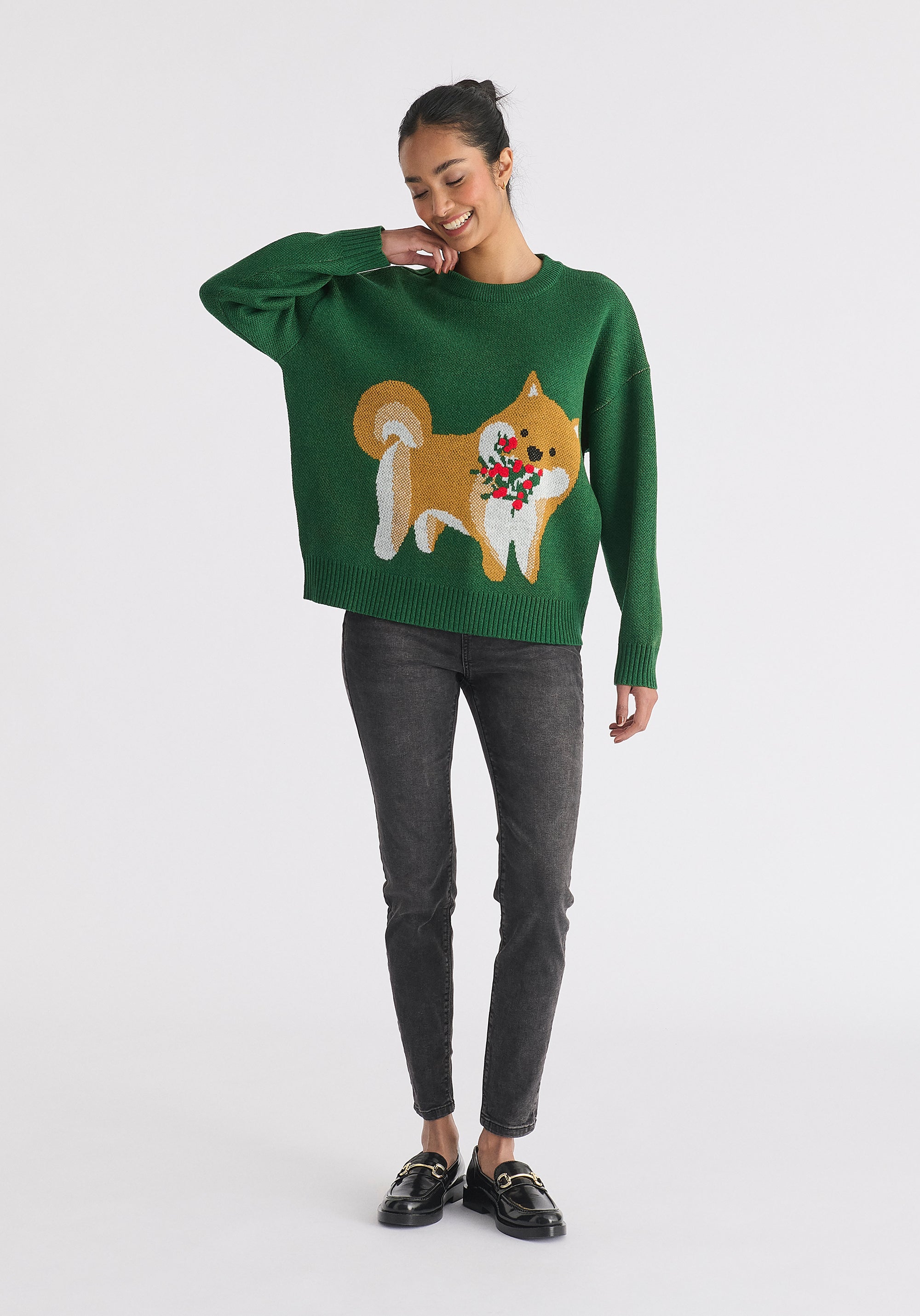 Christmas Jumper with Dog and Mistletoes in Green