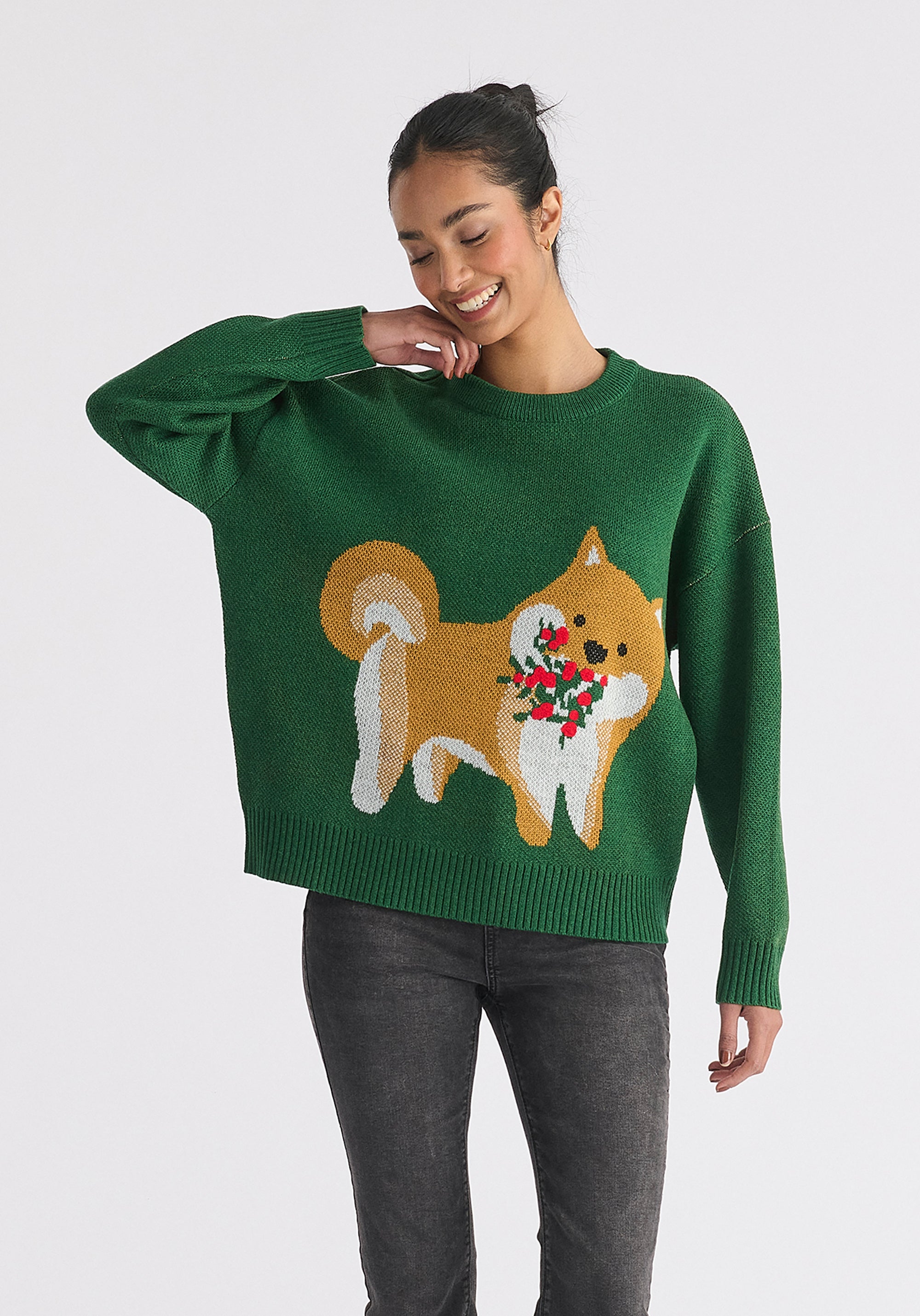 Christmas Jumper with Dog and Mistletoes in Green