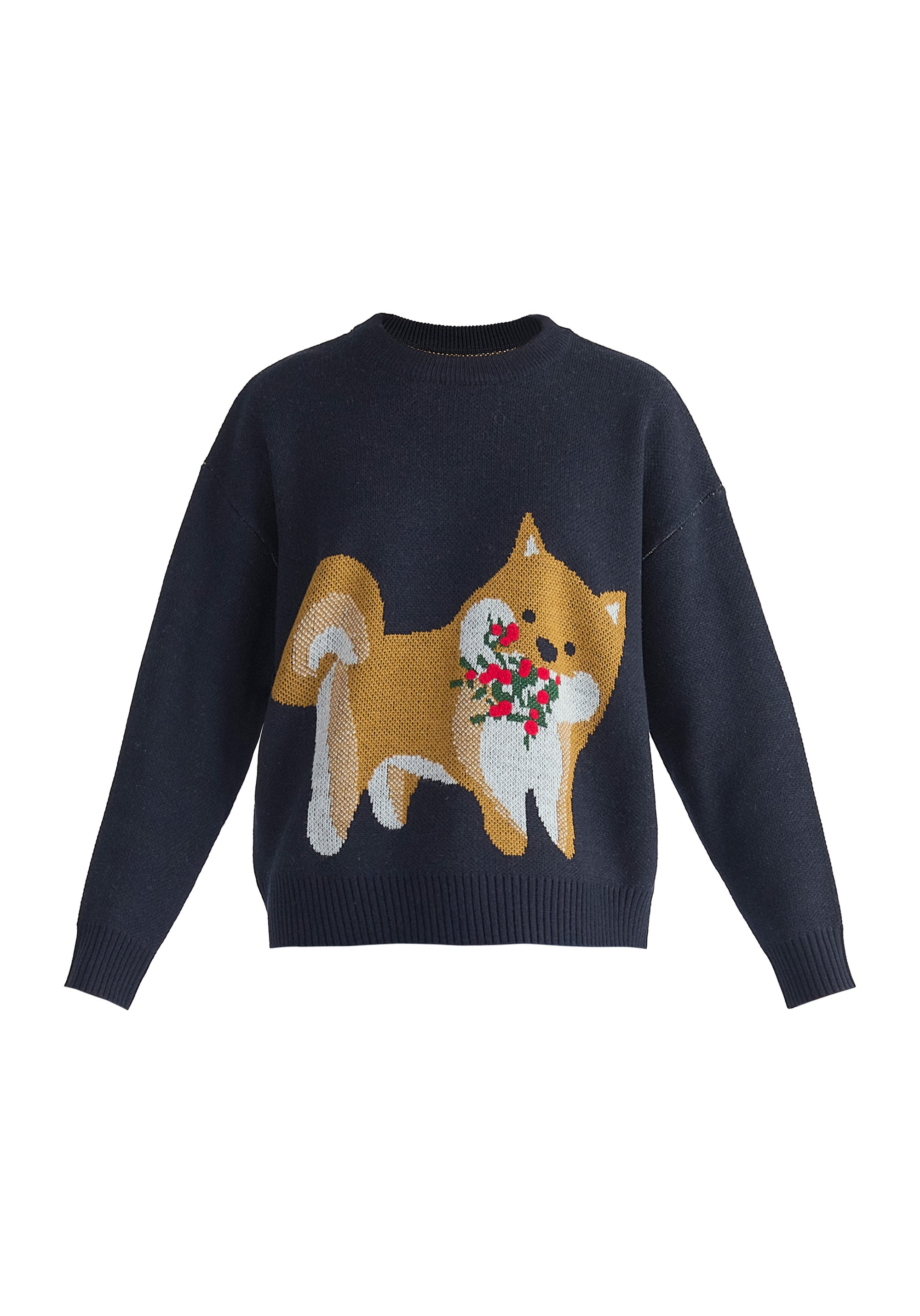 Christmas Jumper with Dog and Mistletoes in Navy Cut Out