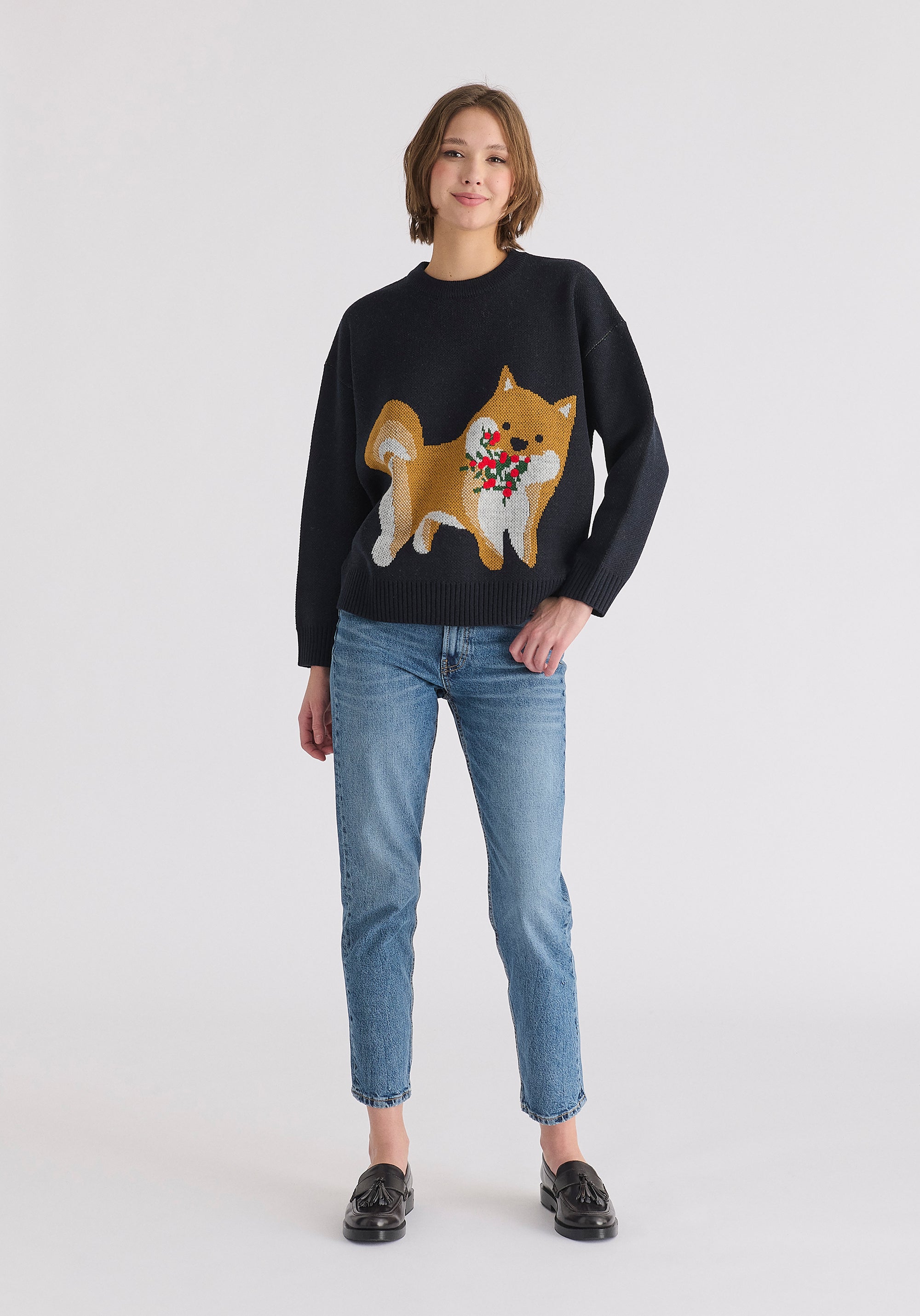 Christmas Jumper with Dog and Mistletoes in Navy