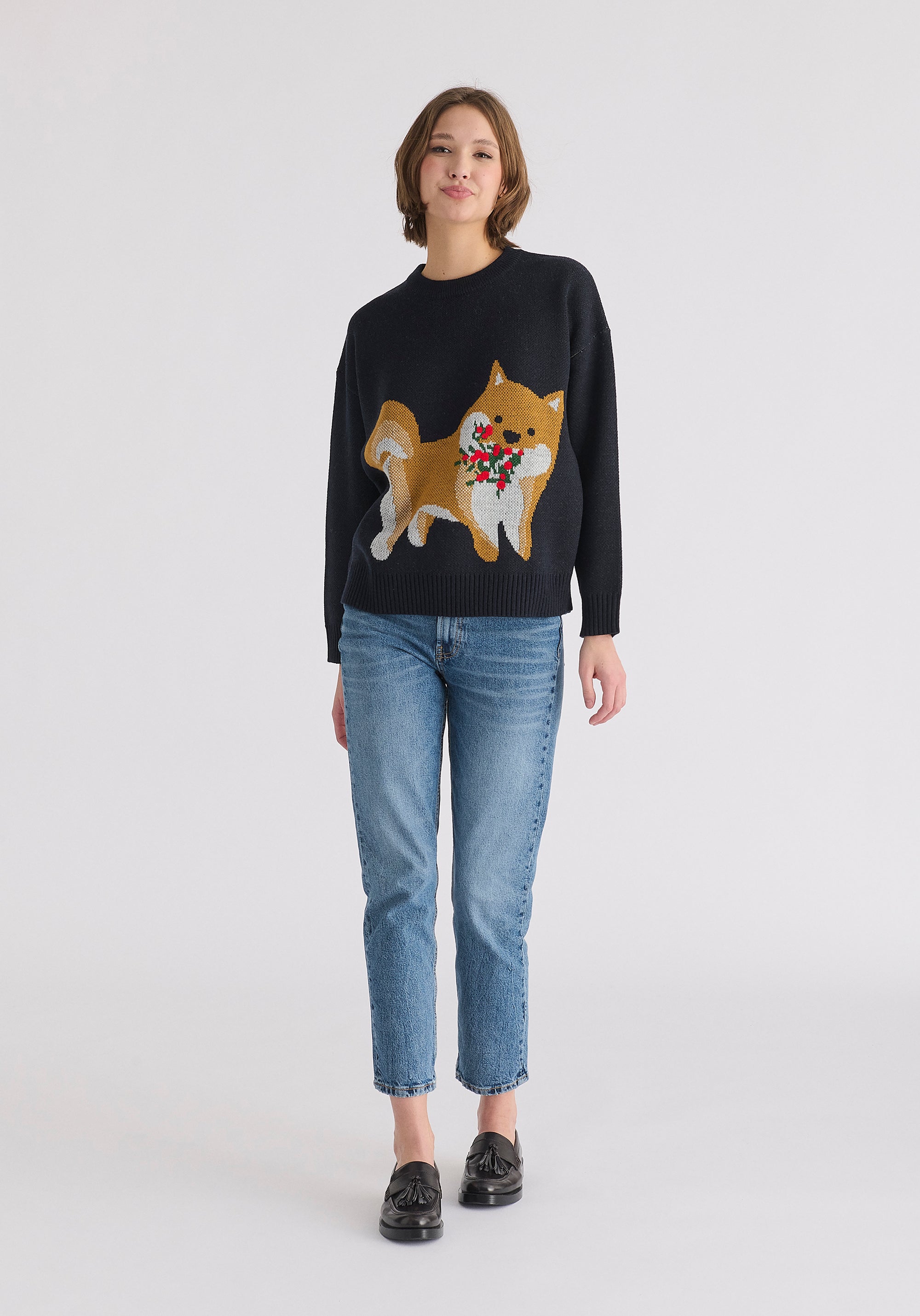 Christmas Jumper with Dog and Mistletoes in Navy