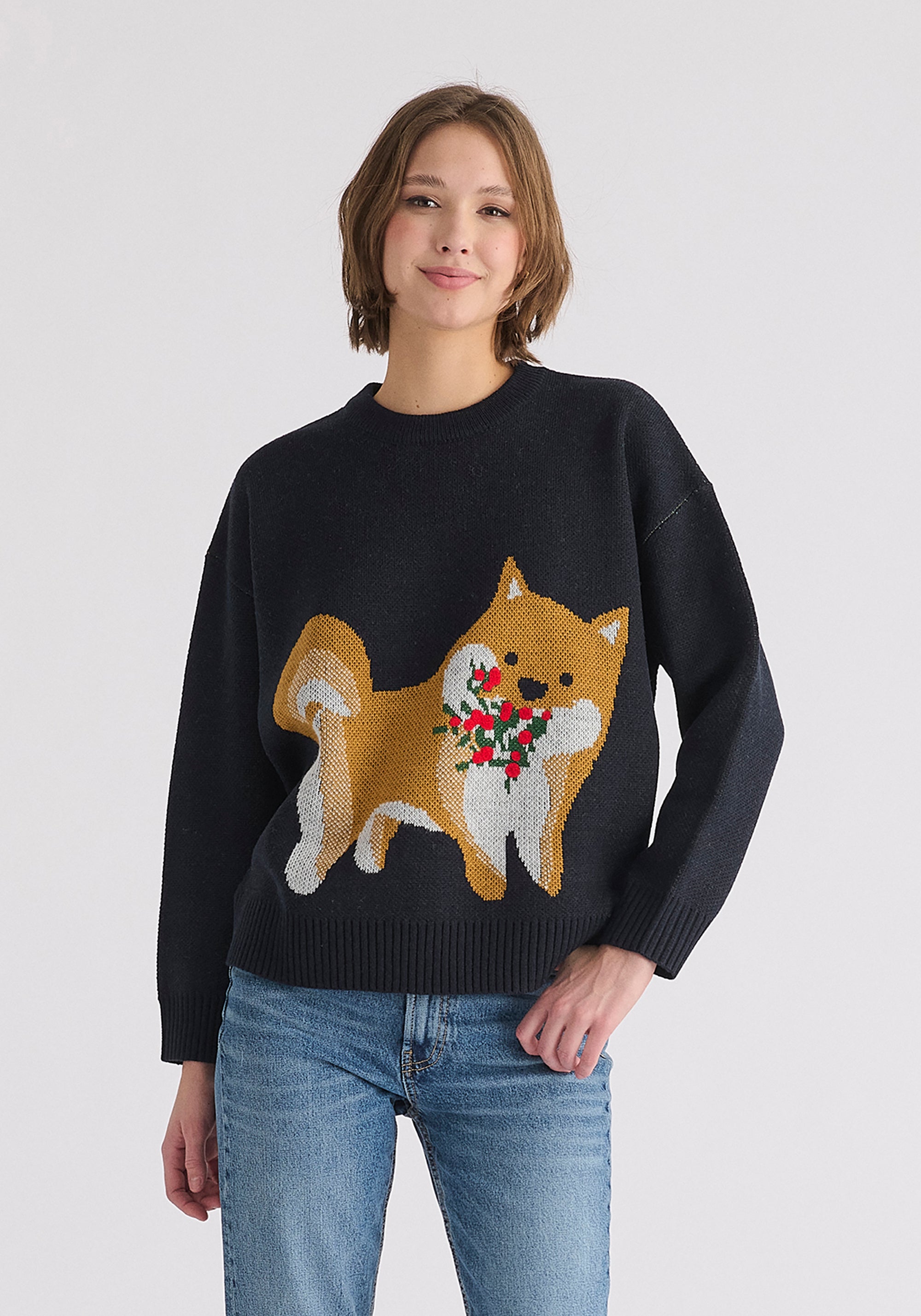 Christmas Jumper with Dog and Mistletoes in Navy