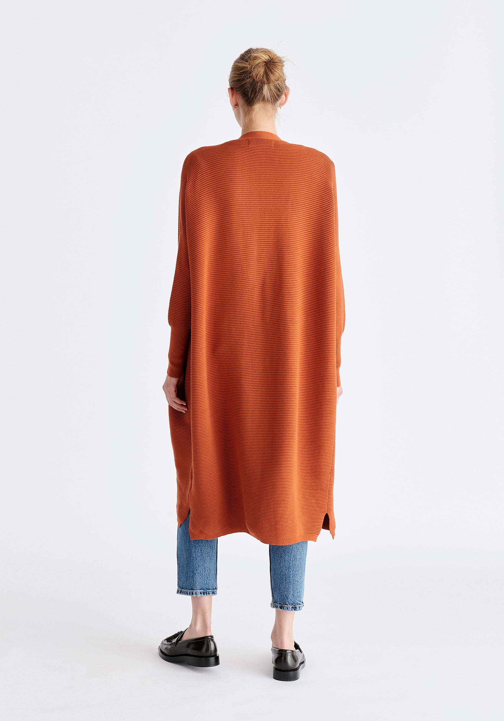 Paisie Long Ribbed Cardigan with Pockets in Rust Back