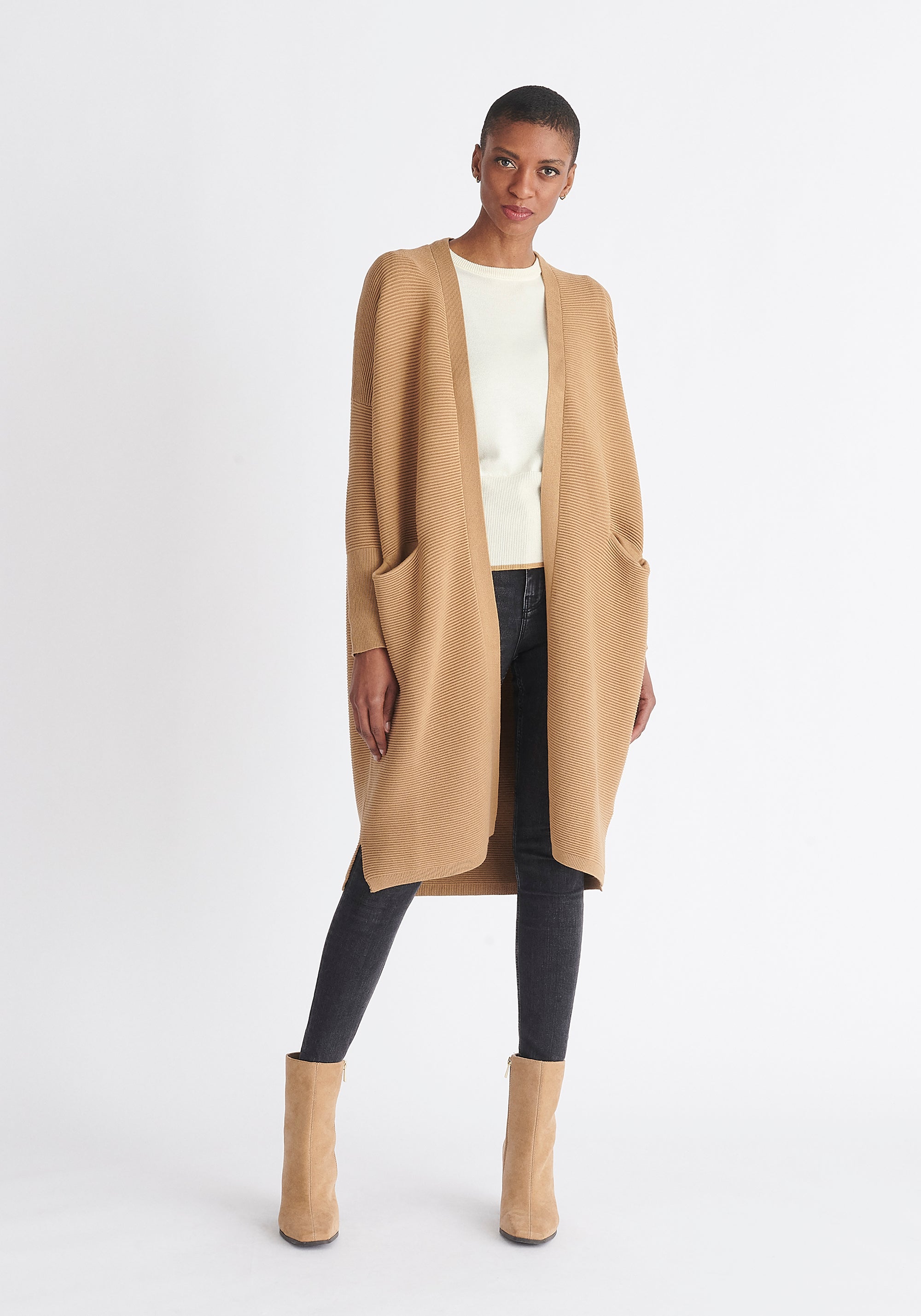 Paisie Long Ribbed Cardigan with Pockets in Camel 