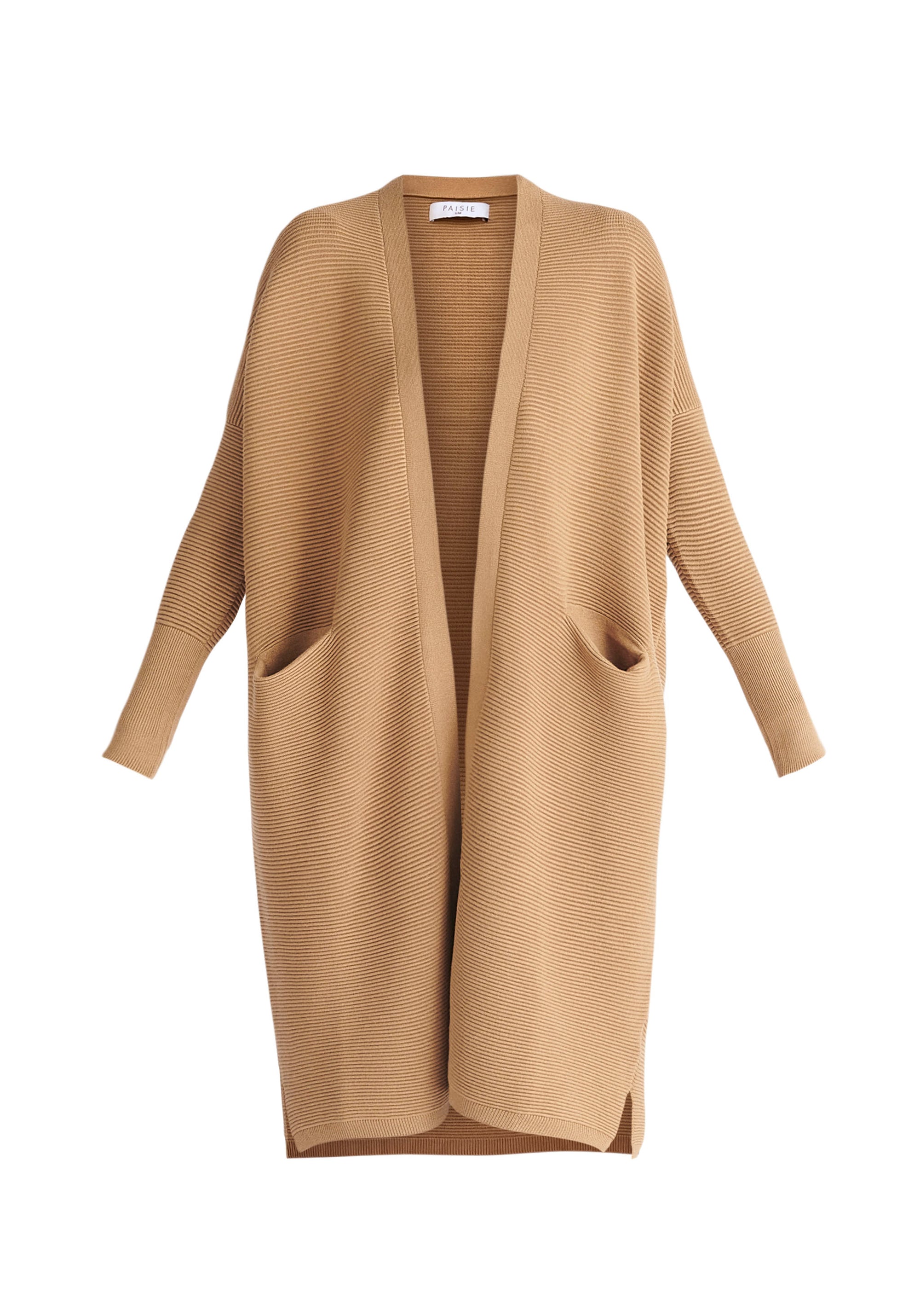 Paisie Long Ribbed Cardigan with Pockets in Camel Cut Out