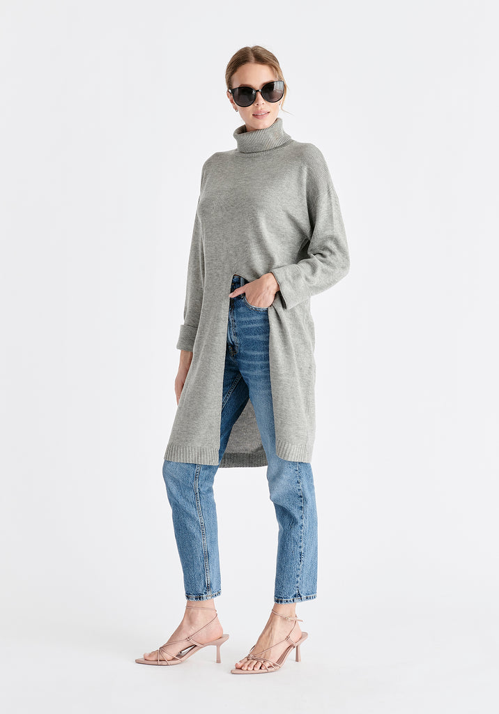 Knitted Split Jumper Dress Tunic in Grey | Knitwear | Paisie