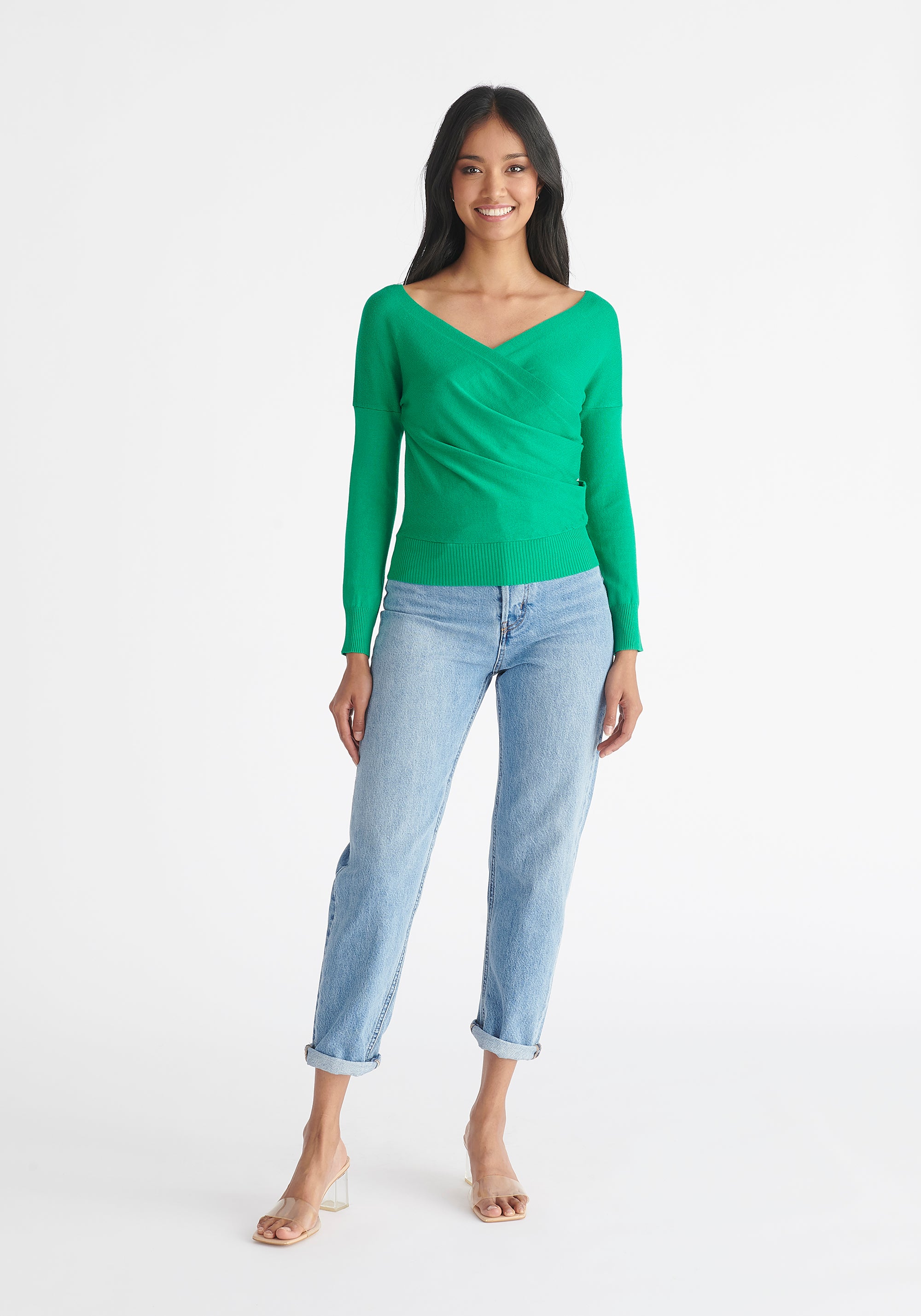 Paisie Long Sleeve Knit Wrap Top in Emerald Green